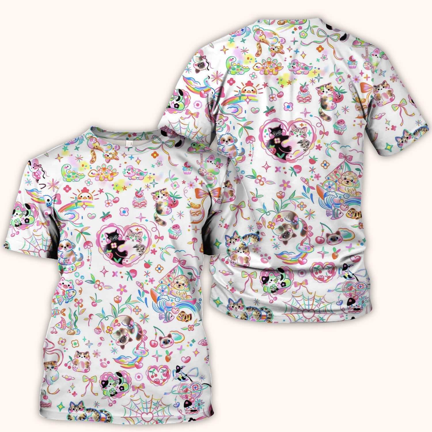 Cute Kawaii Animal Rainbow Heart Pattern Scrub Top, Comfortable Scrubs for Nurses