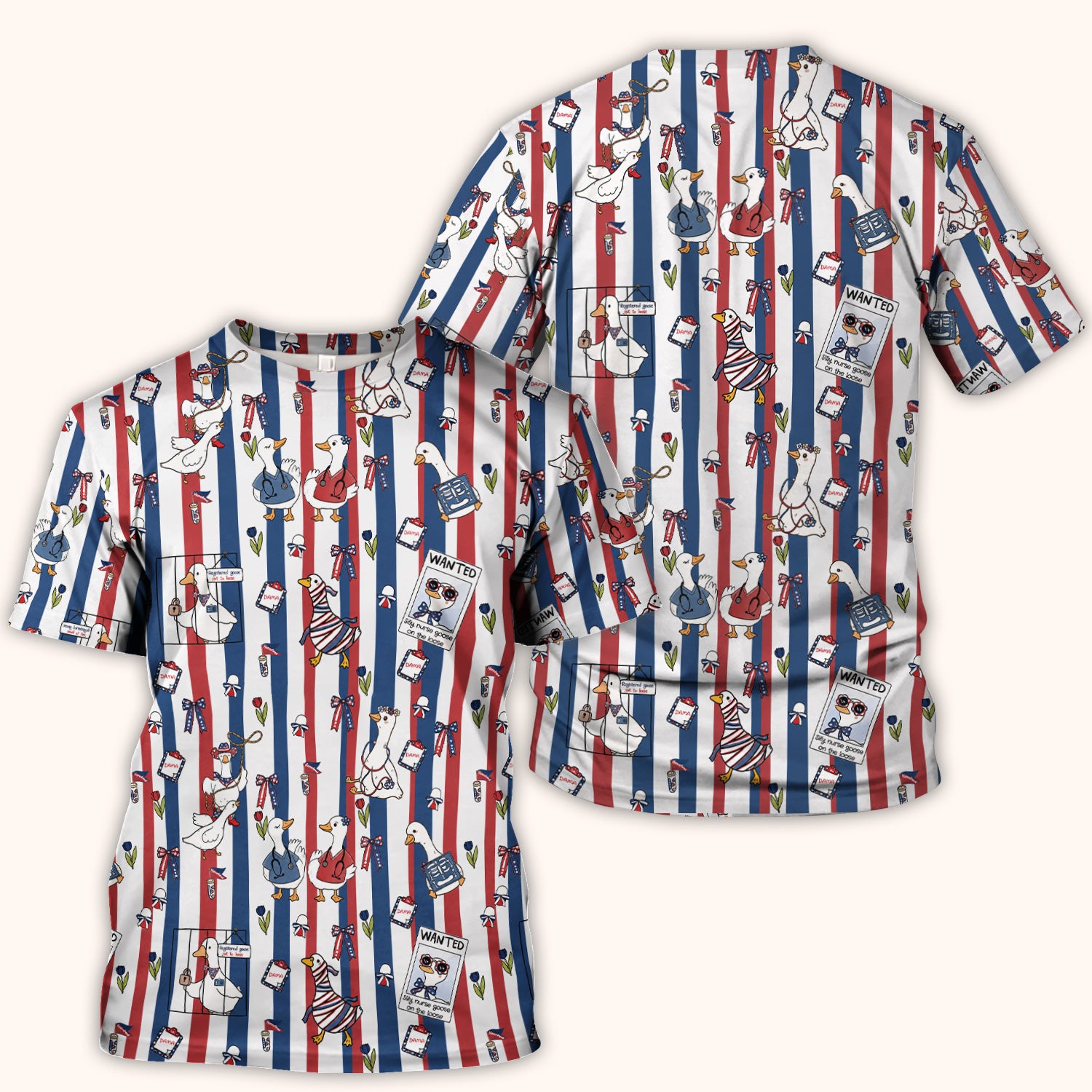 Funny Patriotic Goose Nurse Pattern Scrub Top, Comfortable Scrubs for Nurses