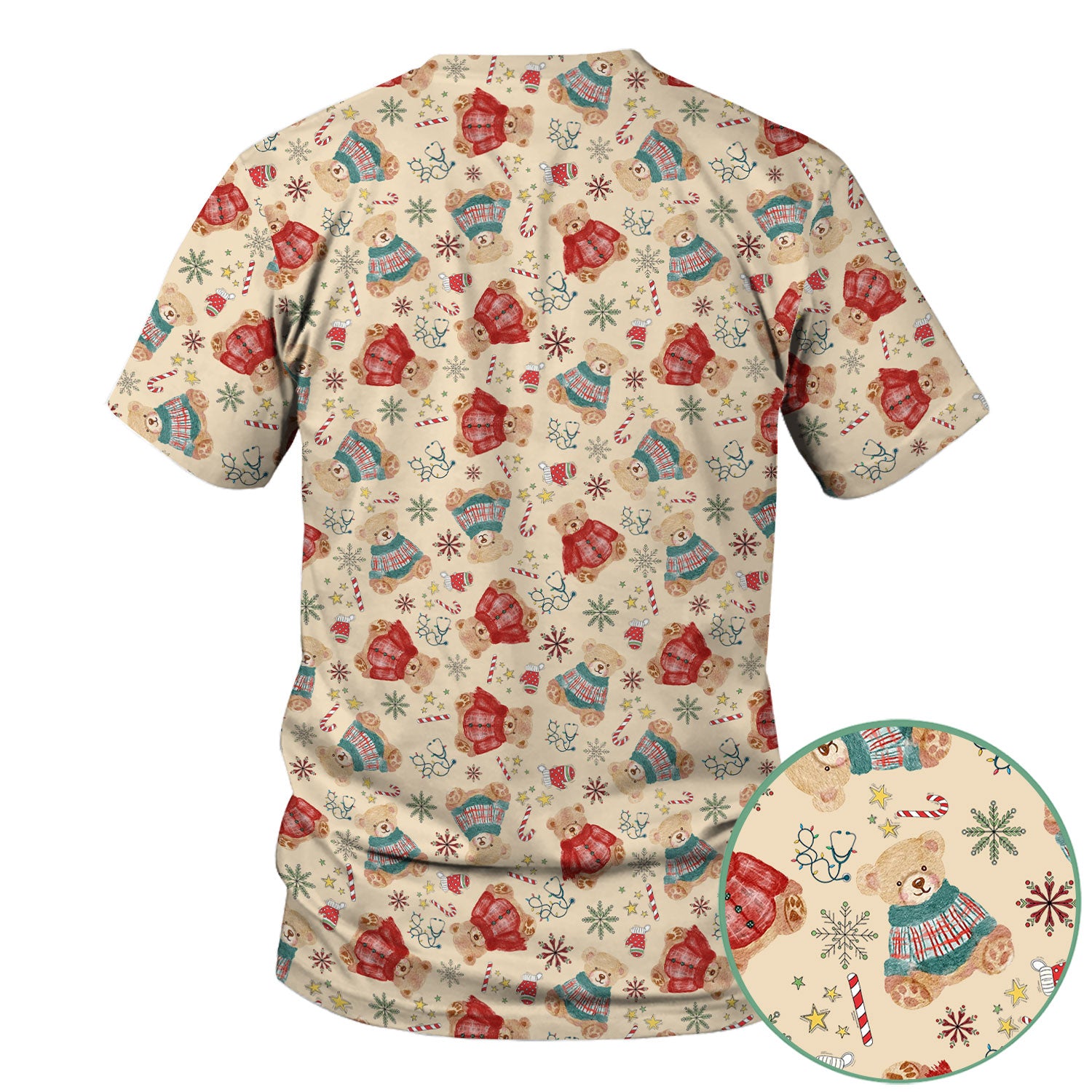 Christmas Bear Scrub Top - Cute Holiday Teddy Print Scrubs for Nurses - Funny Xmas Medical Scrub Shirt Gift for Women CNA RN