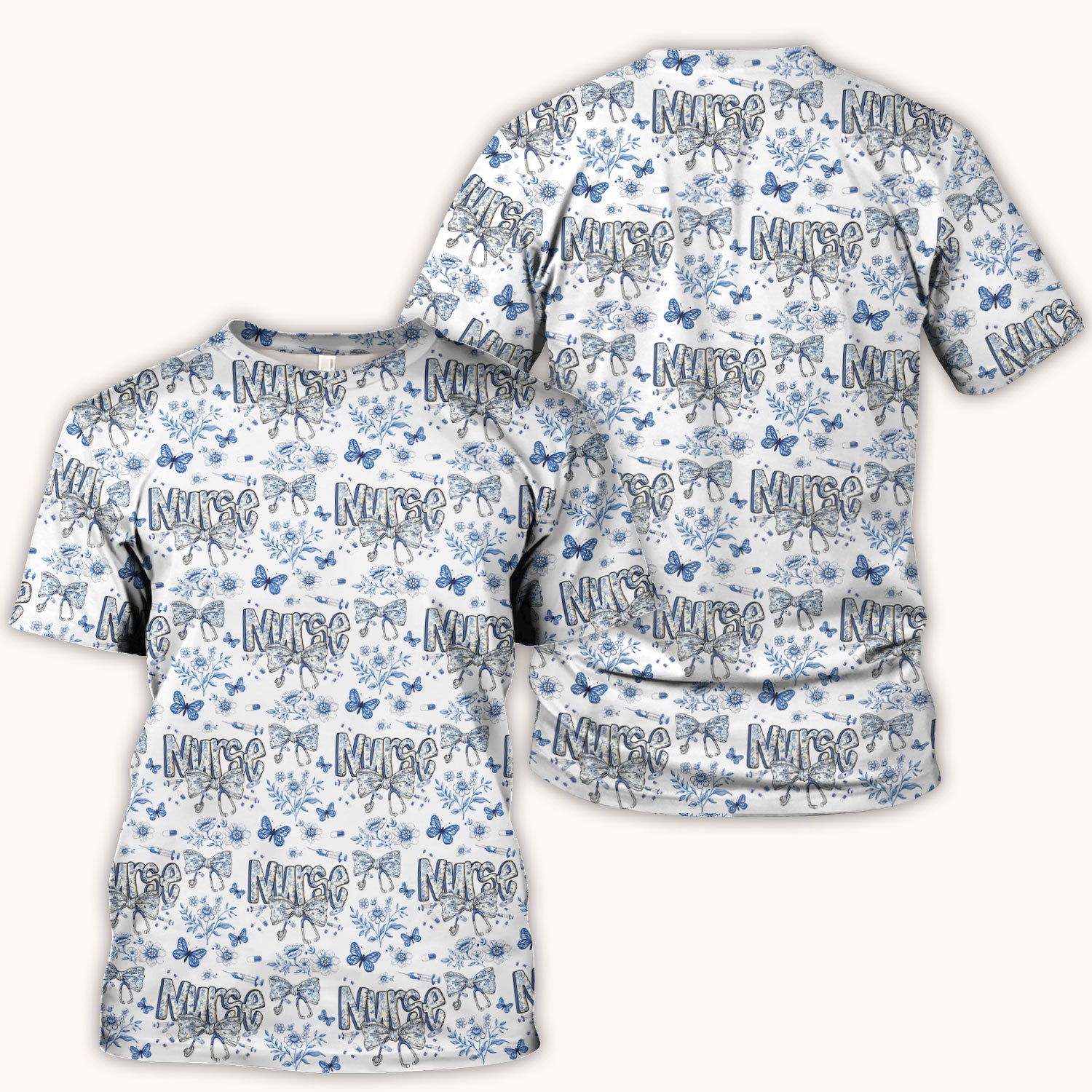 Blue Nurse Letter Bow Butterfly Floral Print Scrub Top, Comfortable Scrubs for Nurses
