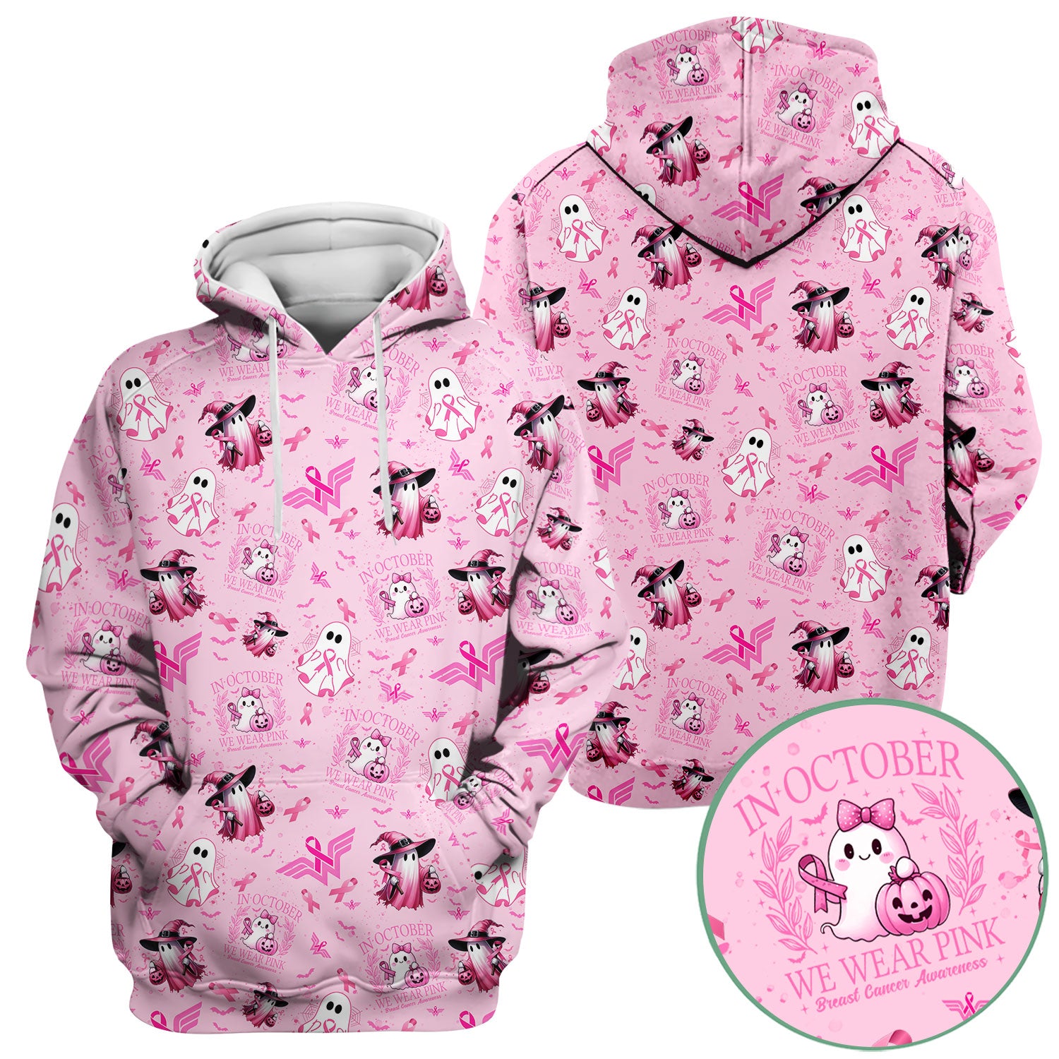Halloween Breast Cancer Awareness Scrub Top - In October We Wear Pink Nurse Shirt - Cute Ghost Witch Pink Ribbon Medical Uniform