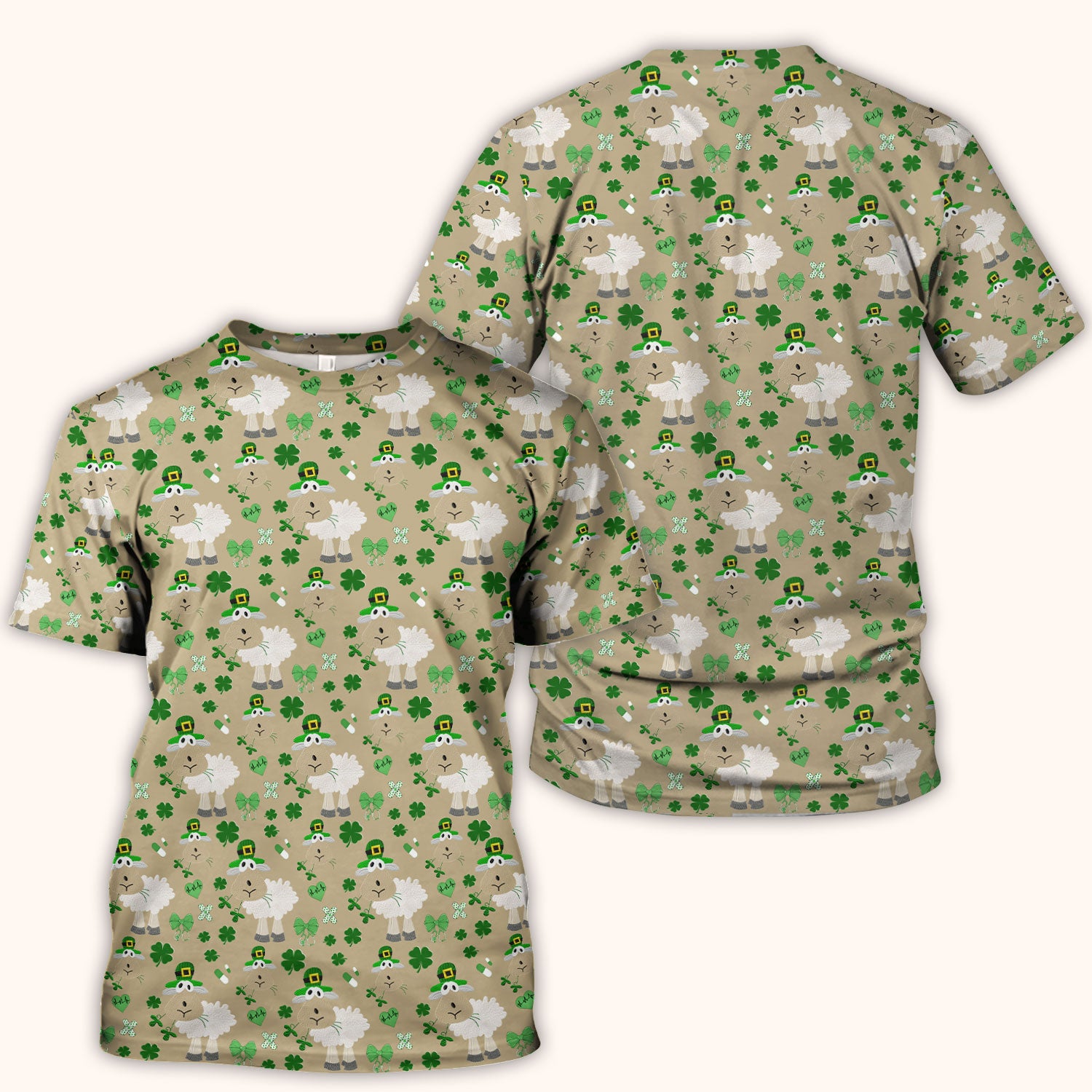Nurse St. Patrick Scrubs Top, Cute Sheep Shamrock Pattern Nurse Shirt, Breathable Fabrics Nursing Uniform