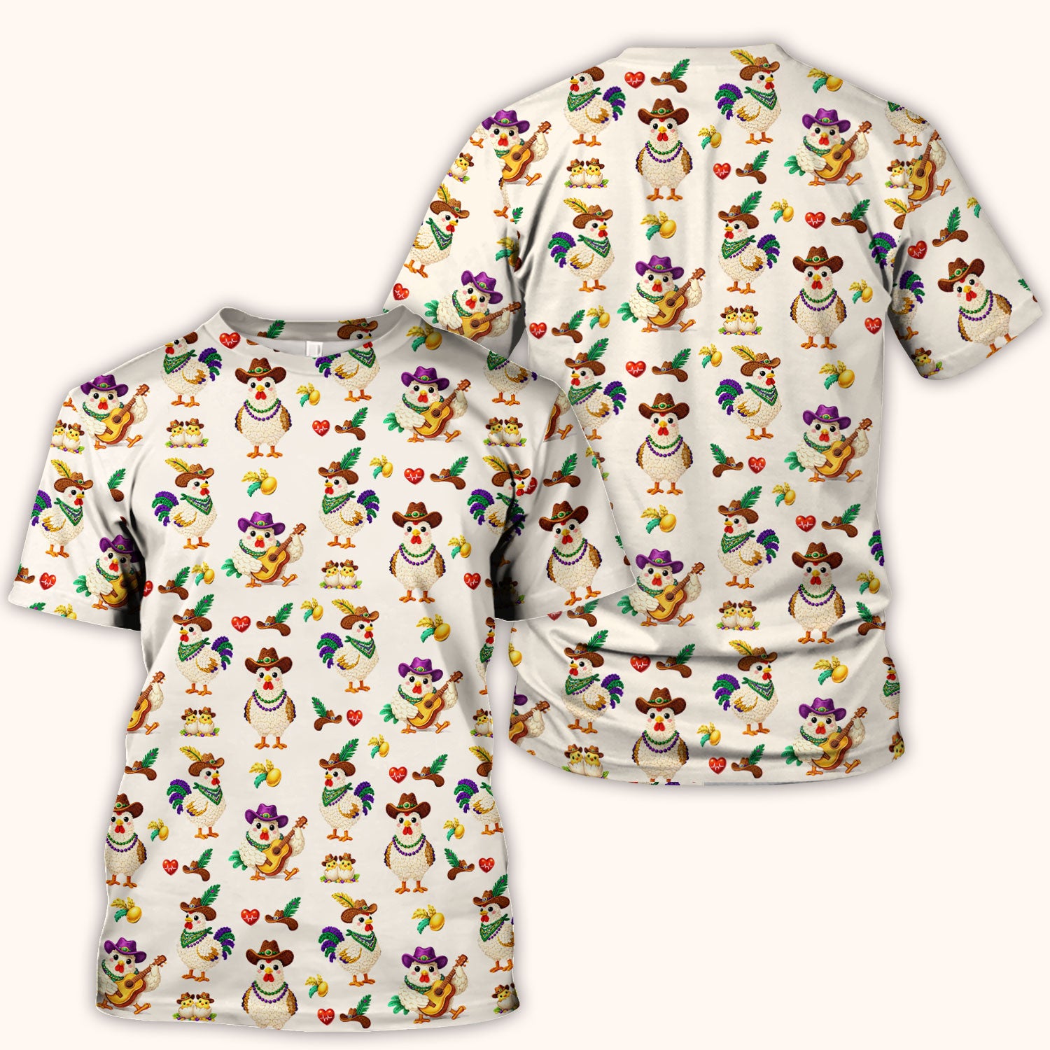 Funny Mardi Gras Rooster Cowboy Print Scrub Top, Comfortable Scrubs for Nurses