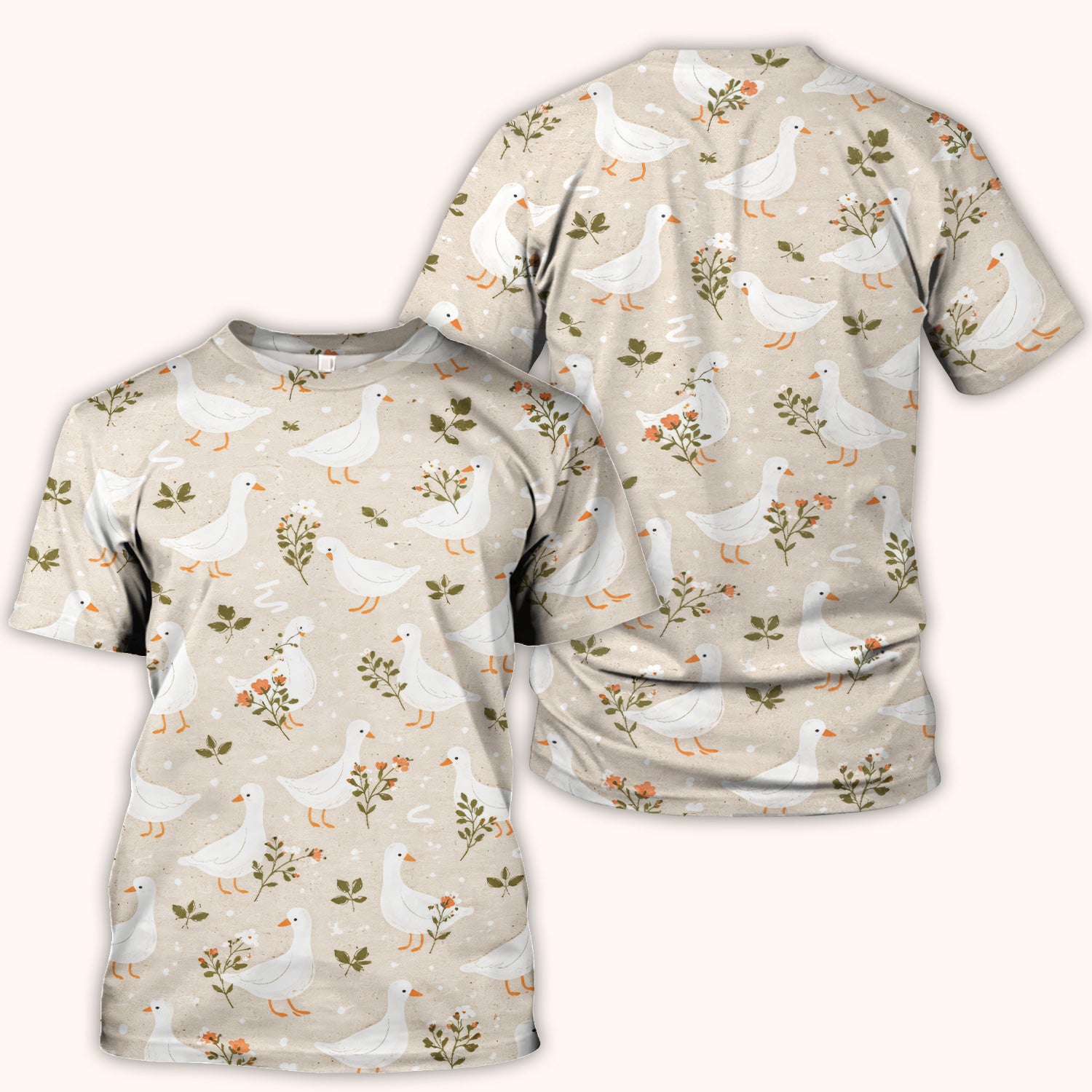 White Goose Floral Meadow Pattern Scrub Top, Comfortable Scrubs for Nurses