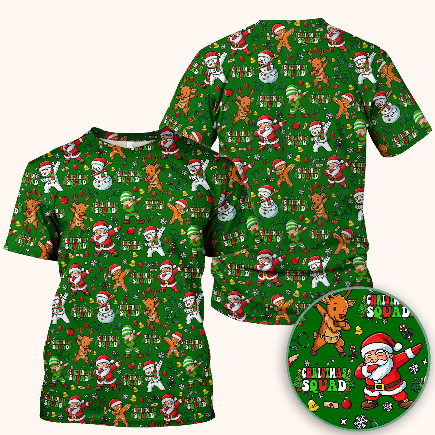 Christmas Squad Scrub Top - Dancing Santa, Reindeer & Elf Shirt - Funny Holiday Medical Uniform for Nurses, Doctors & Vet Techs