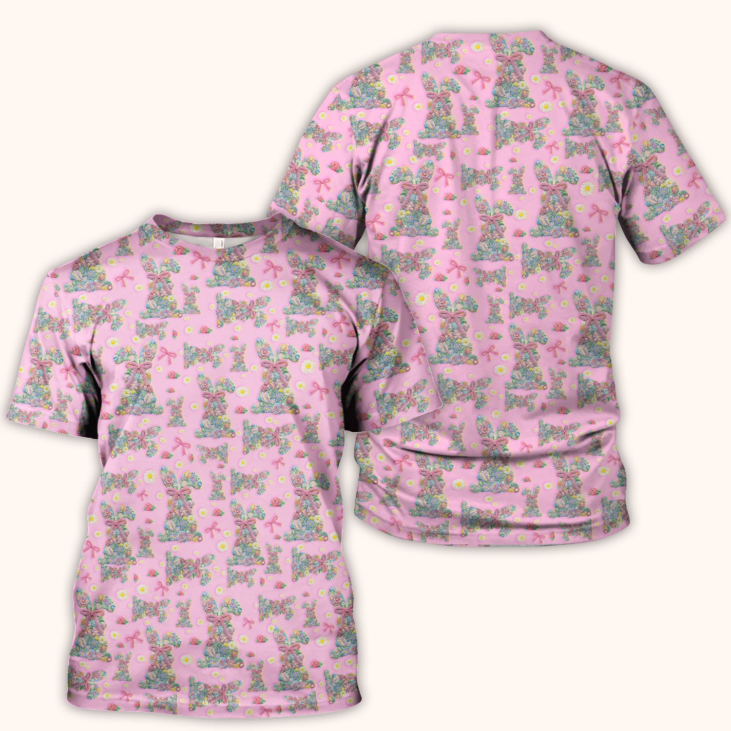 Colorful Floral Bunny with Pink Bow Pattern Scrub Top, Breathable Fabrics Nursing Uniform, Easter