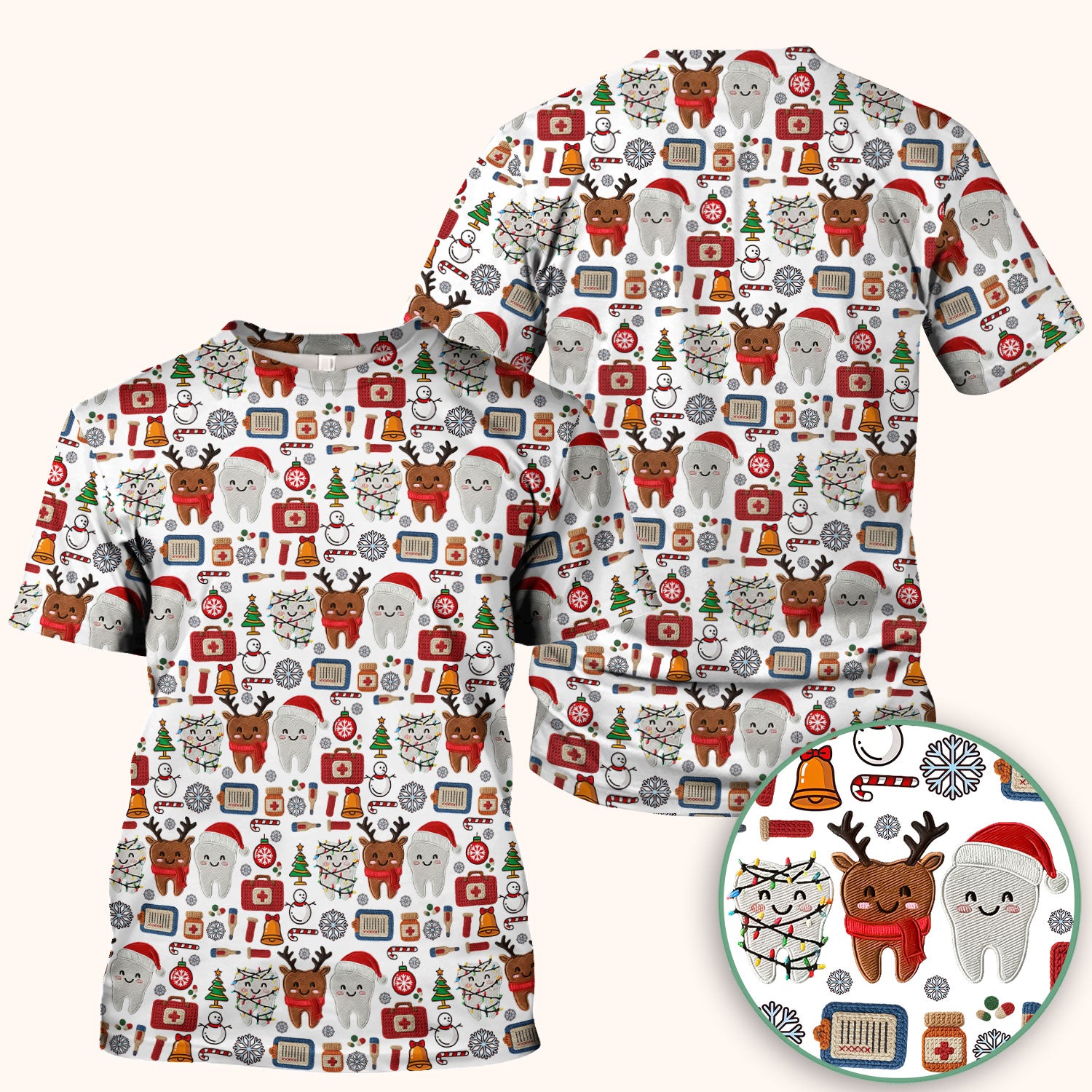 Christmas Dental Scrub Top - Cute Santa & Reindeer Tooth Shirt - Funny Holiday Medical Uniform for Dentists, Hygienists & Nurses
