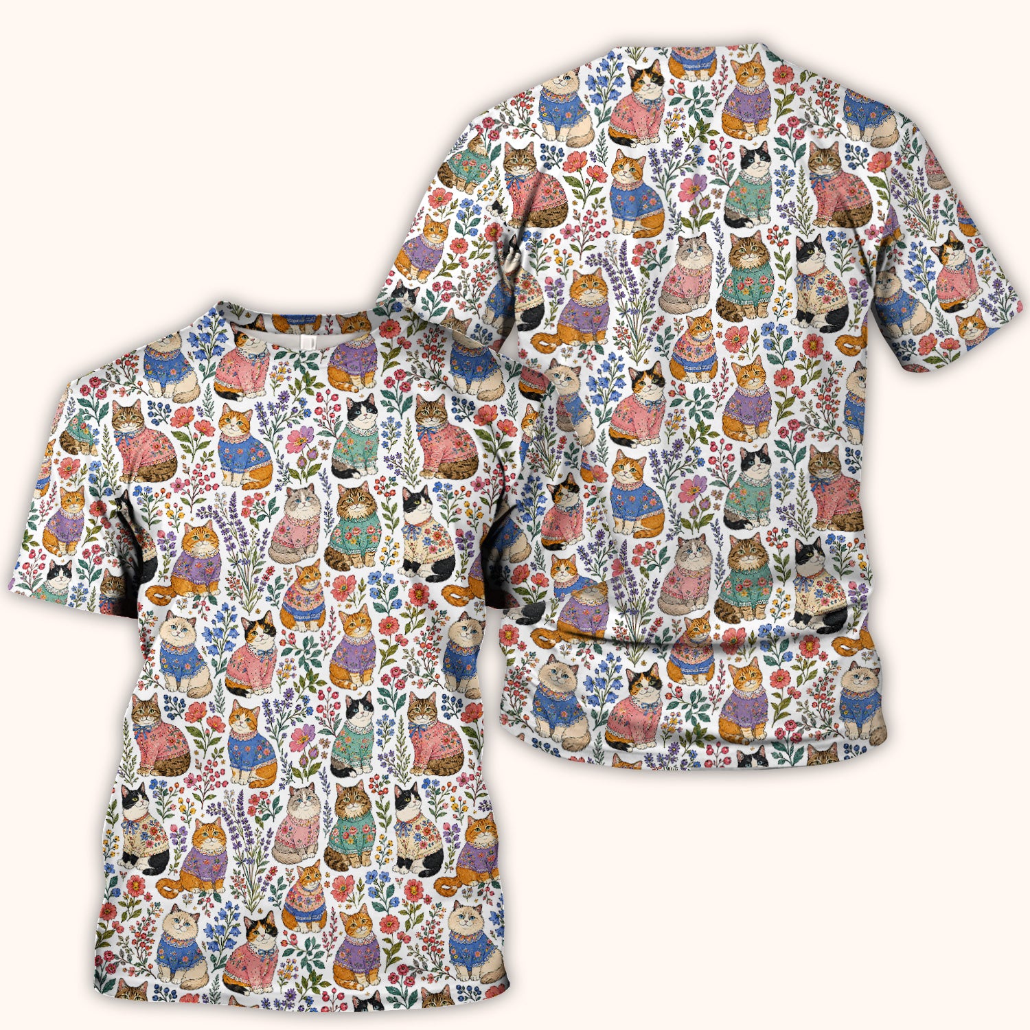Cute Floral Cat Pattern Scrub Top, Comfortable Scrubs for Nurses