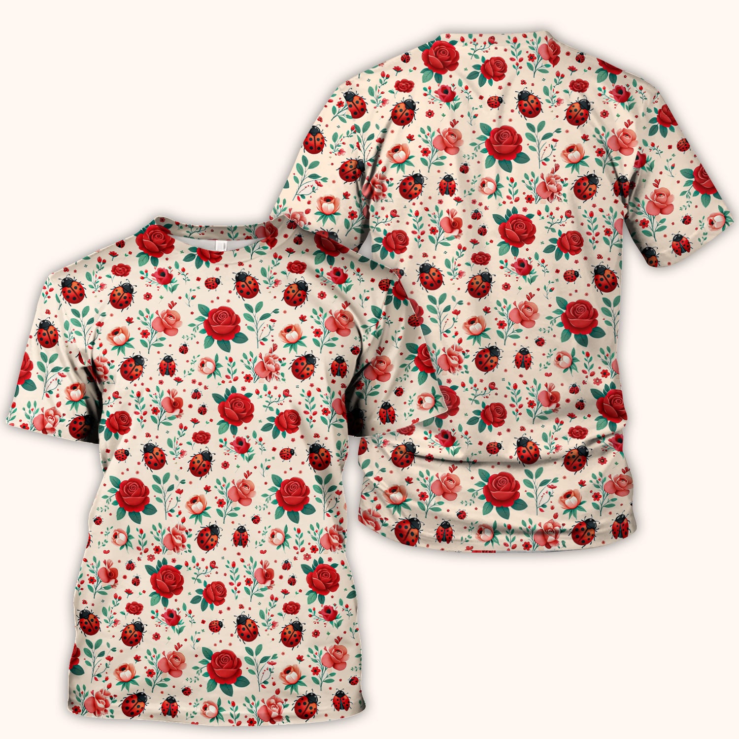 Cute Ladybug Red Rose Floral Pattern Scrub Top, Breathable Fabrics Nursing Uniform