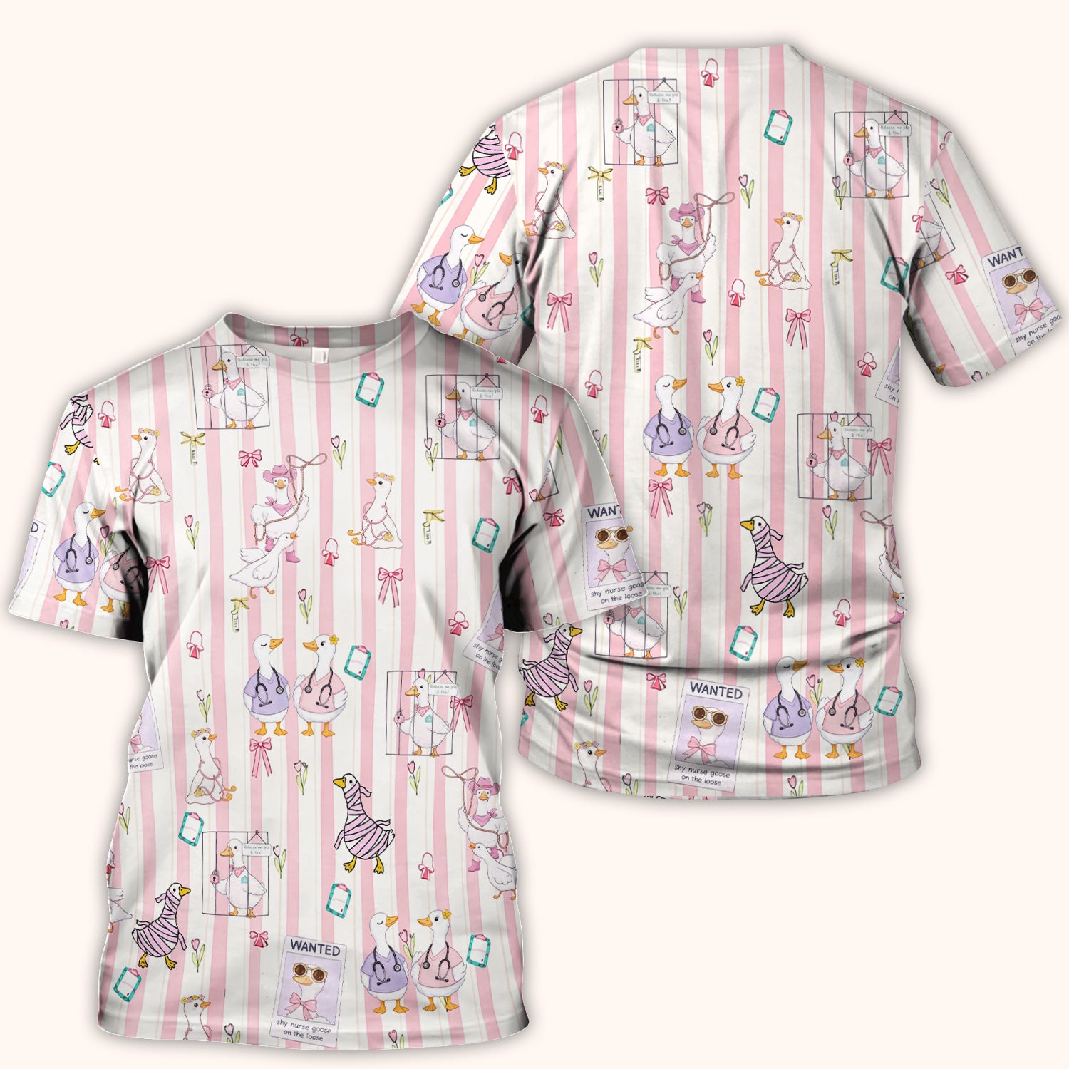 Cute Nurse Duck Stripe Pattern Scrub Top, Comfortable Scrubs for Nurses