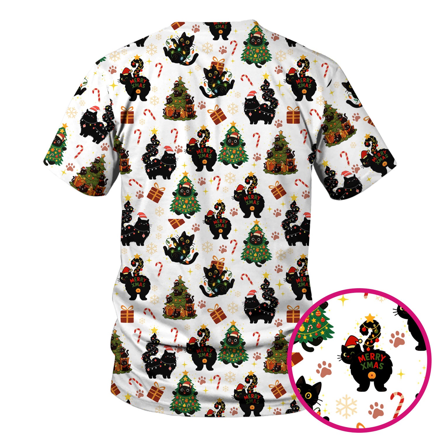 Funny Cat Print Nurse Scrub Top - Christmas Medical Shirt for Women & Men - Cute Holiday Gift Idea for RN CNA Doctor Scrubs