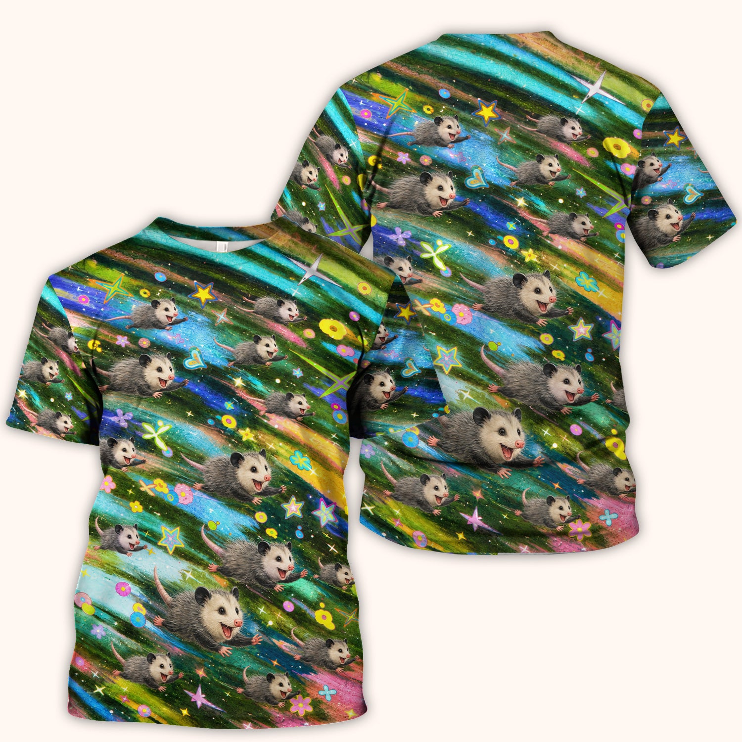 Colorful Opossum Rainbow Stars Print Scrub Top, Comfortable Scrubs for Nurses