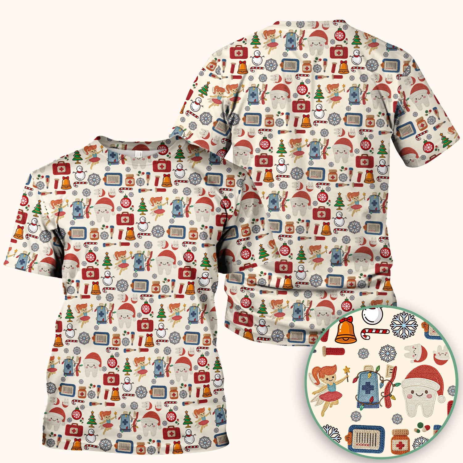 Christmas Dental Scrub Top - Cute Santa Tooth & Snowman Shirt - Festive Holiday Medical Uniform for Dentists, Hygienists & Nurses