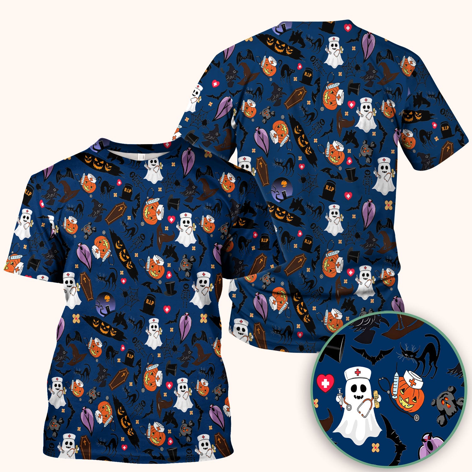 Spooky Halloween Scrub Top - Pumpkin Ghost Bat Nurse Shirt - Wicked Witch Medical Uniform for Women RN CNA LPN