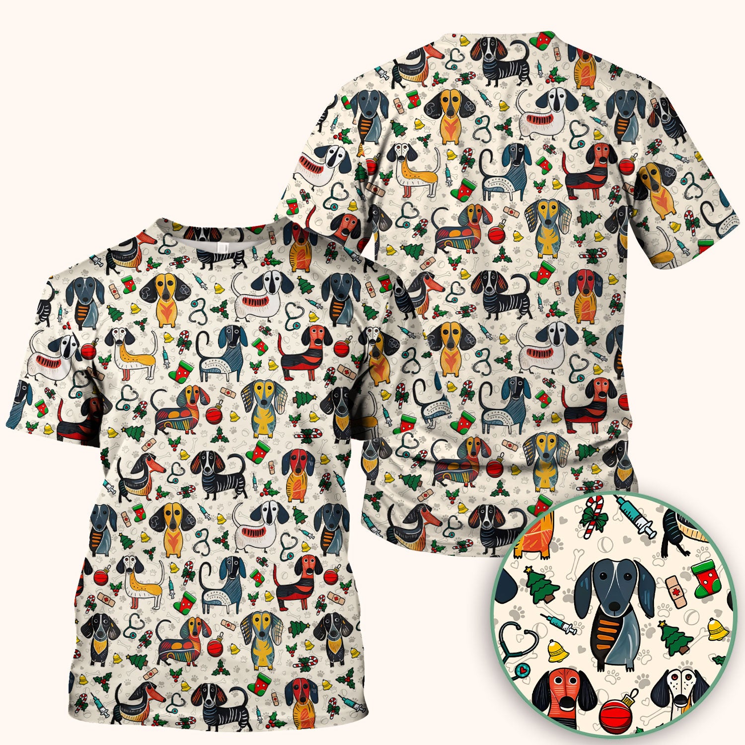 Christmas Wiener Dog Scrub Top - Funny Sausage Dog Nurse Shirt for Women - Holiday Medical Uniform