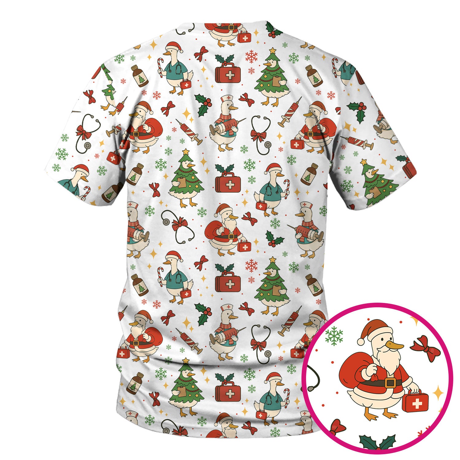 Christmas Duck Nurse Scrub Top for Women - Cute Santa Claus Pattern - Funny Holiday Nursing Shirt Gift for RN LPN CNA