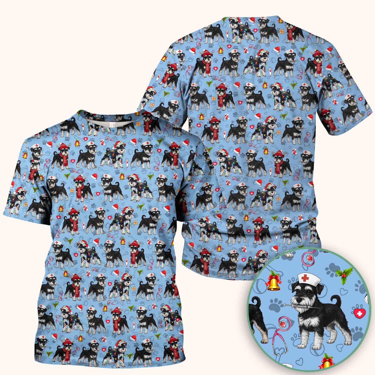 Christmas Schnauzer Scrubs for Nurses - Cute Dog Holiday Scrub Top - Funny Santa Nursing Medical Shirt for Women