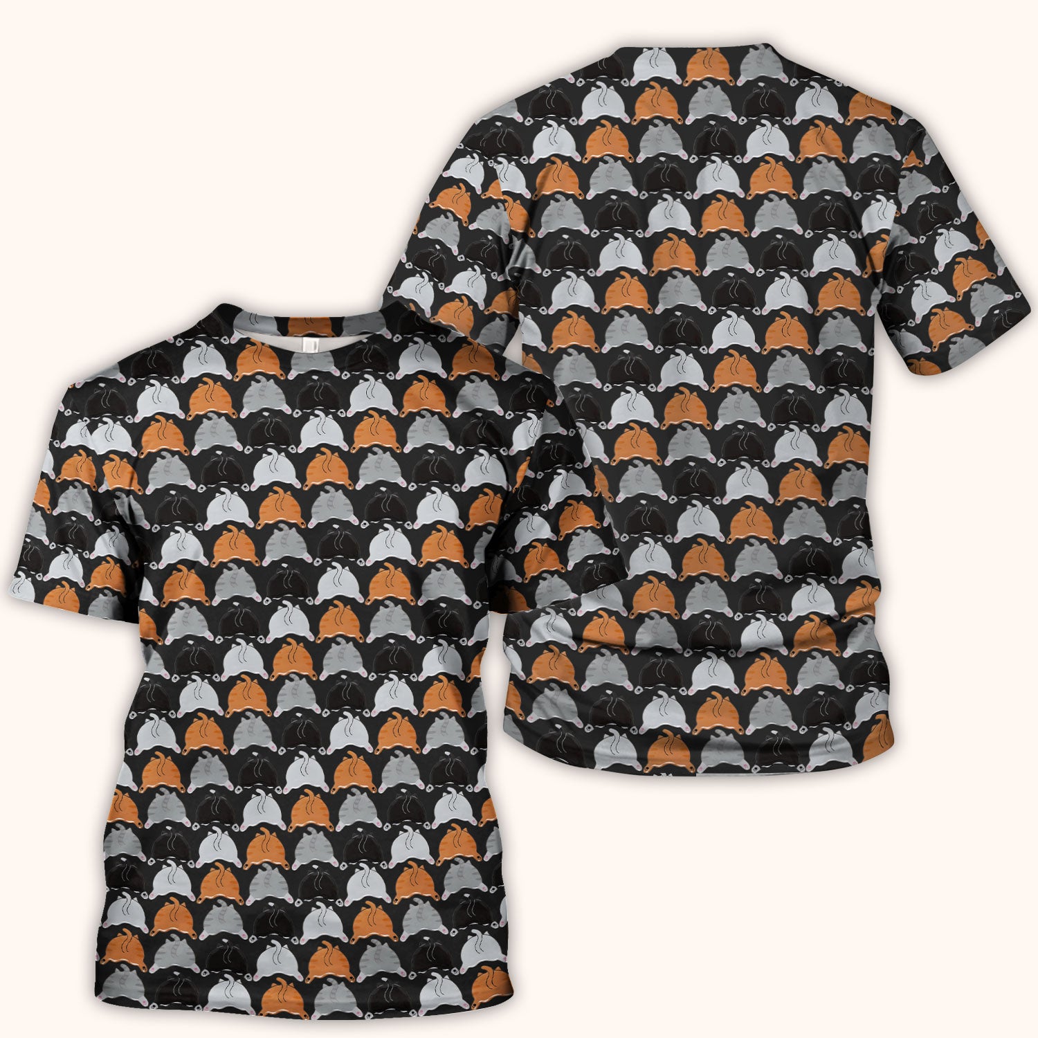 Playful Multicolor Cat Print Scrub Top, Breathable Fabrics Nursing Uniform