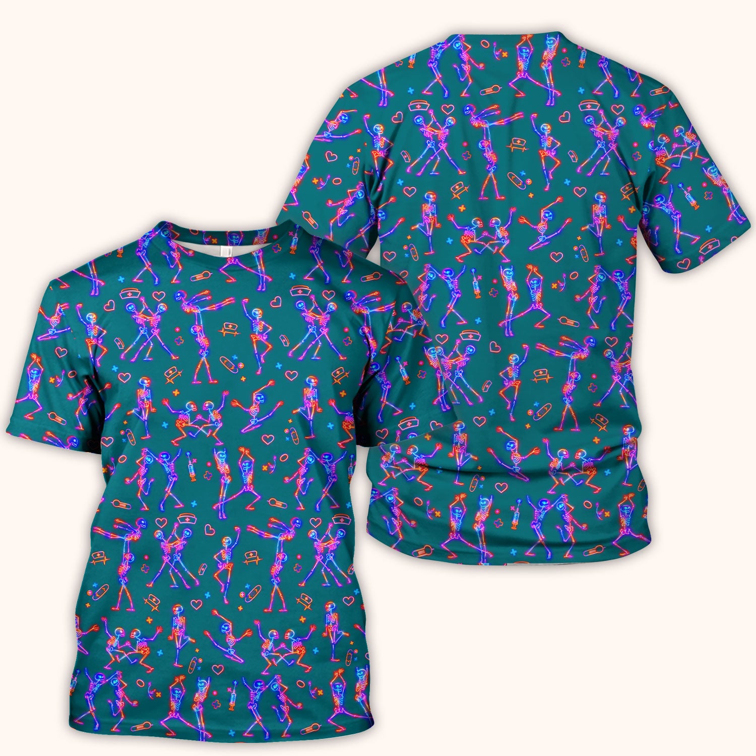 Neon Dancing Skeleton Medical Pattern Scrub Top, Comfortable Scrubs for Nurses
