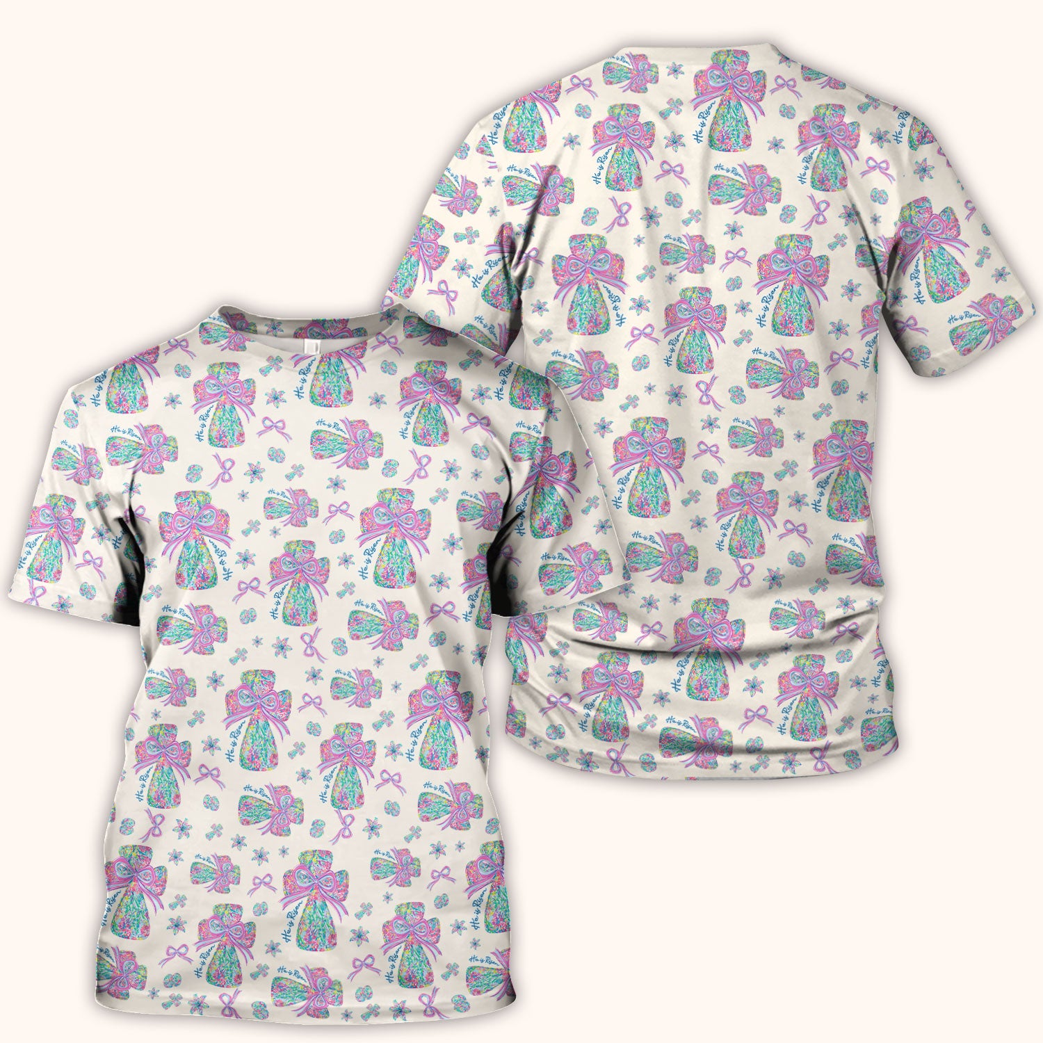 Colorful Bow Pattern Scrub Top, Breathable Fabrics Nursing Uniform