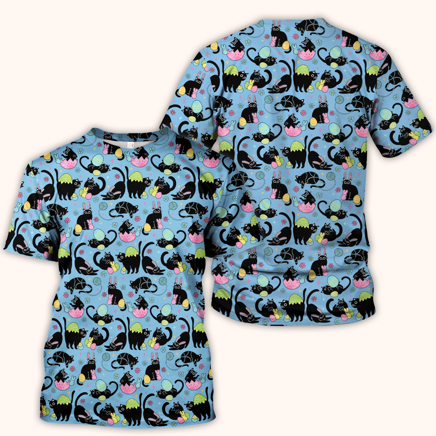 Funny Easter Black Cat Egg Pattern Scrub Top, Breathable Fabrics Nursing Uniform