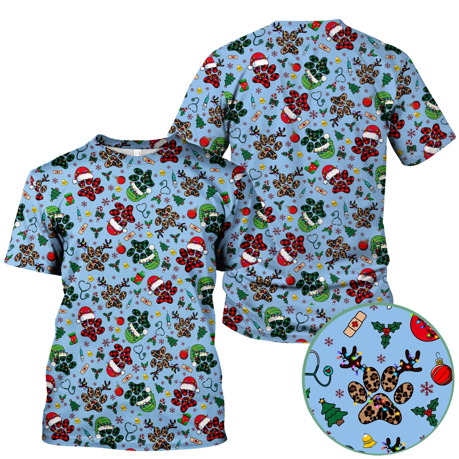 Christmas Paw Print Scrub Top for Nurses - Cute Leopard Holiday Pattern - Funny Festive Medical Uniform Gift