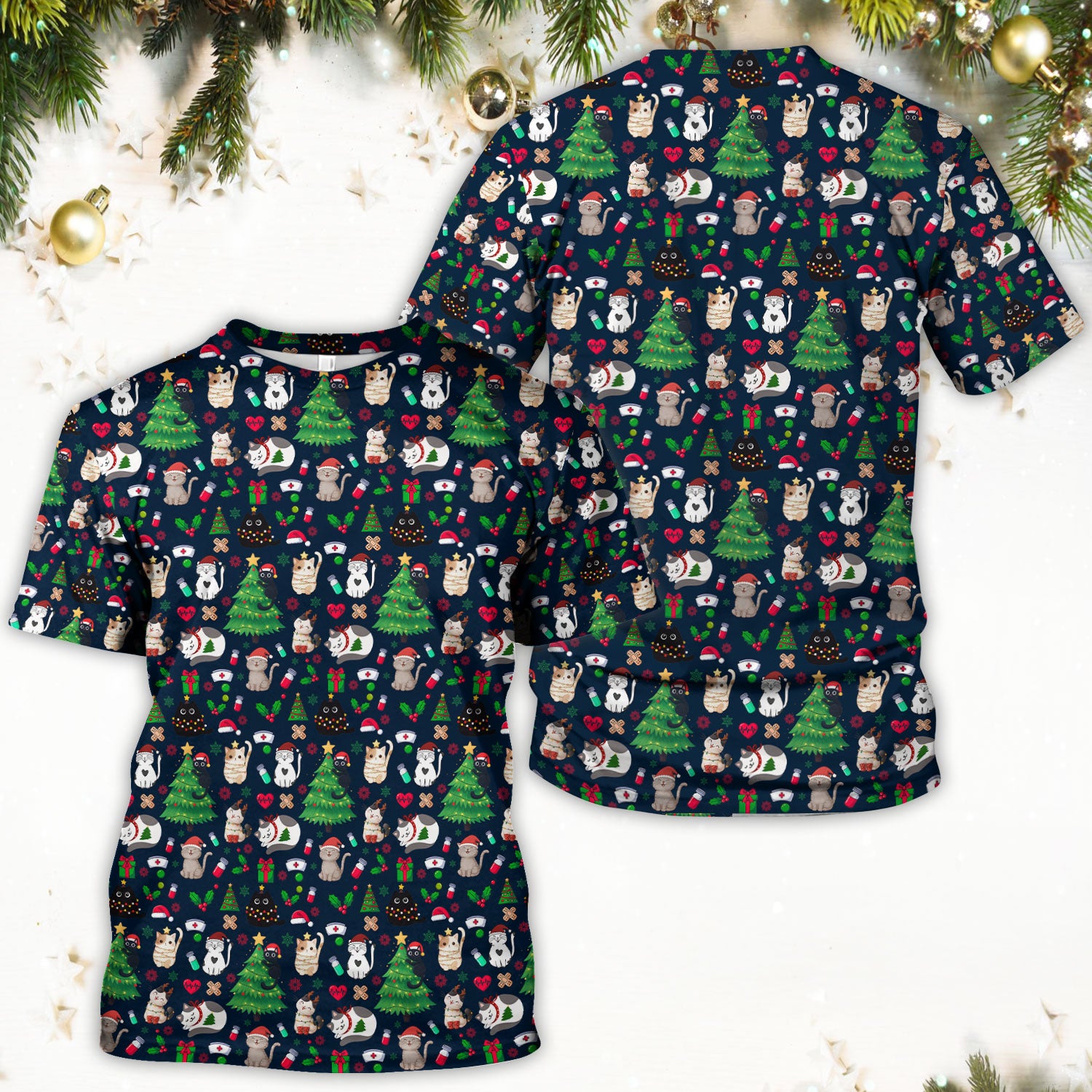 Christmas Cat Scrub Top, Xmas Pet Pattern Scrub Shirt, Breathable Fabrics Nursing Uniform