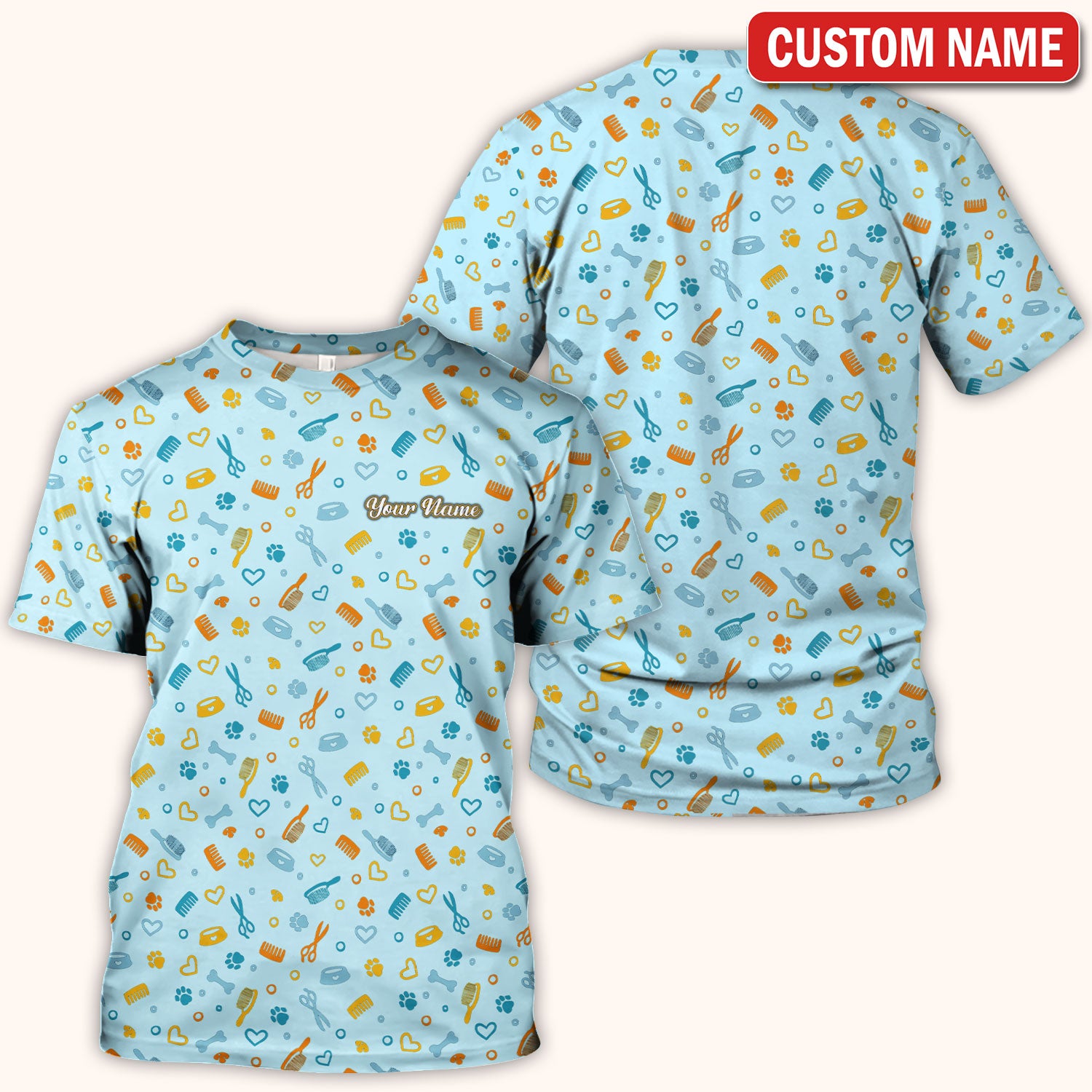 Custom Name Dog Cat Grooming Pattern Scrub Top, Breathable Fabrics Nursing Uniform