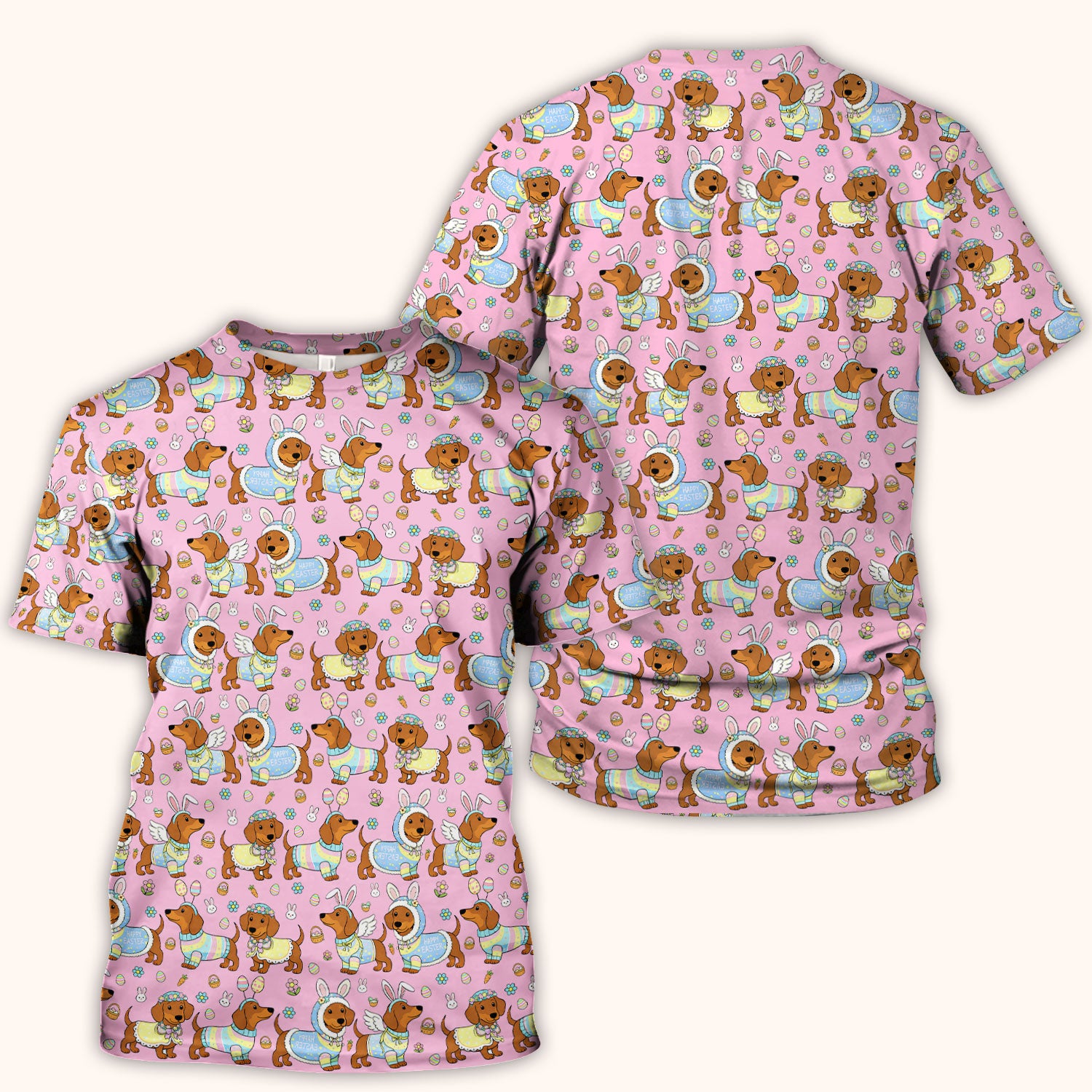 Easter Dachshund Bunny Print Scrub Top, Breathable Fabrics Nursing Uniform