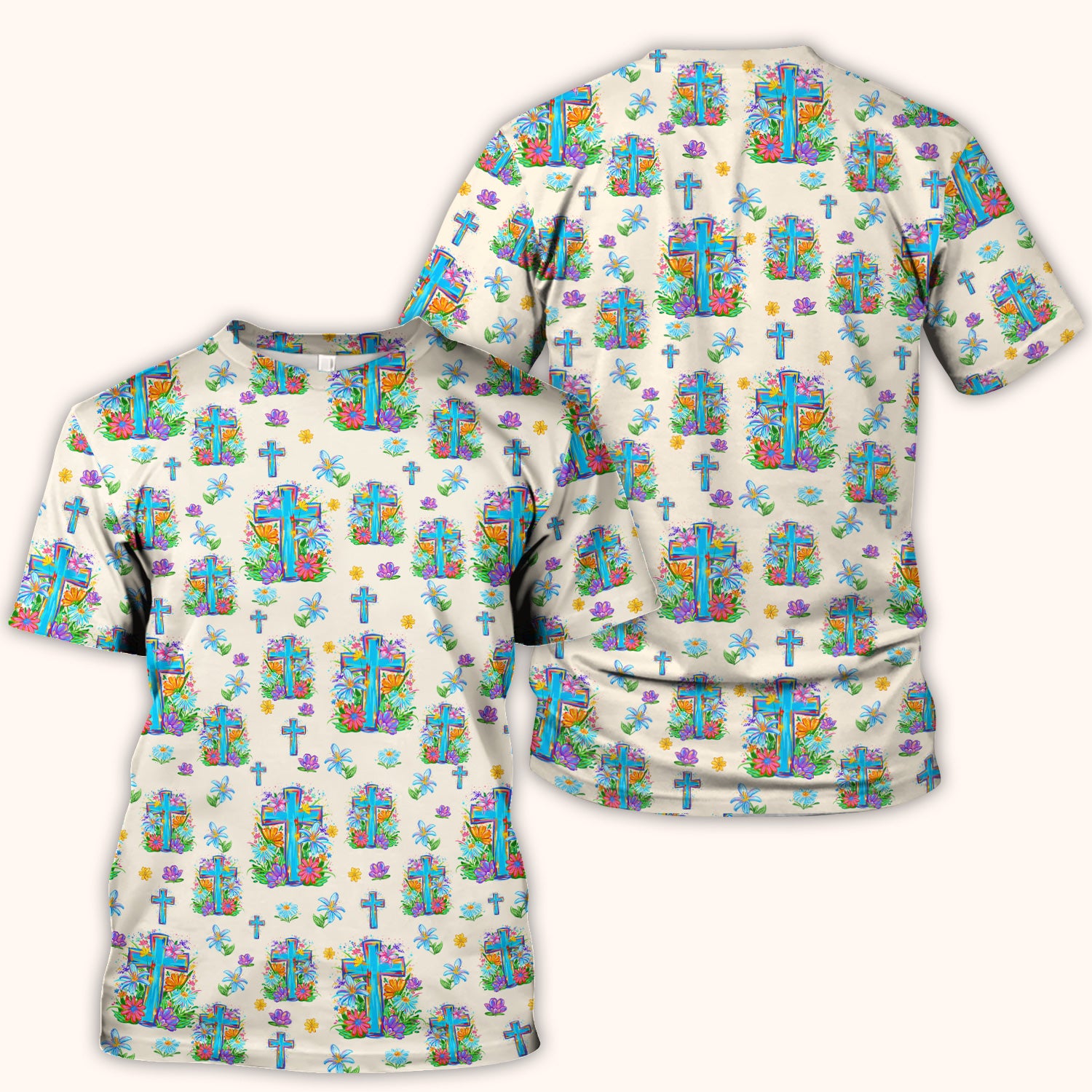 Christian Floral Cross Spring Pattern Scrub Top, Comfortable Scrubs for Nurses