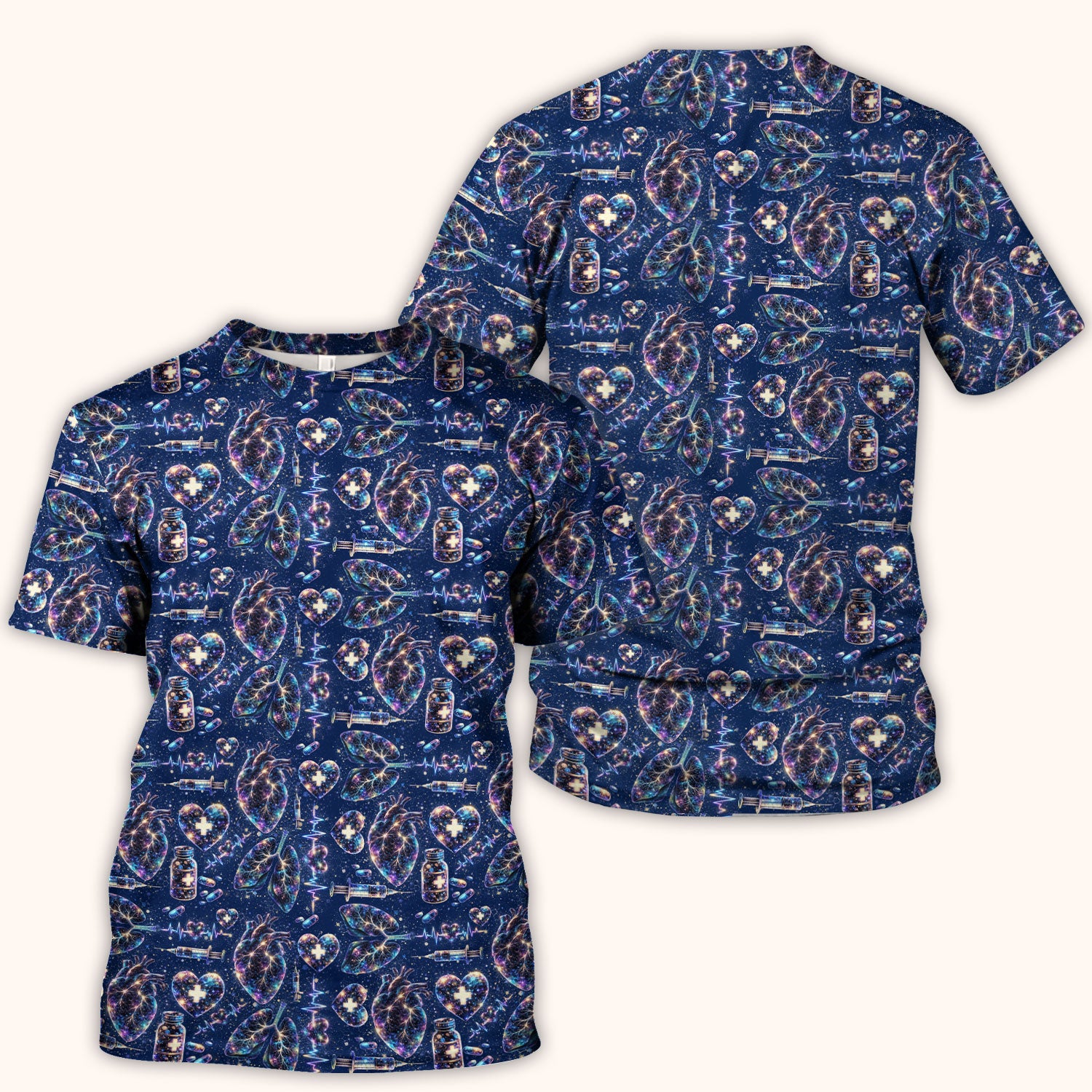 Galaxy Anatomical Heart Lung Syringe Print Scrub Top, Breathable Fabrics Nursing Uniform