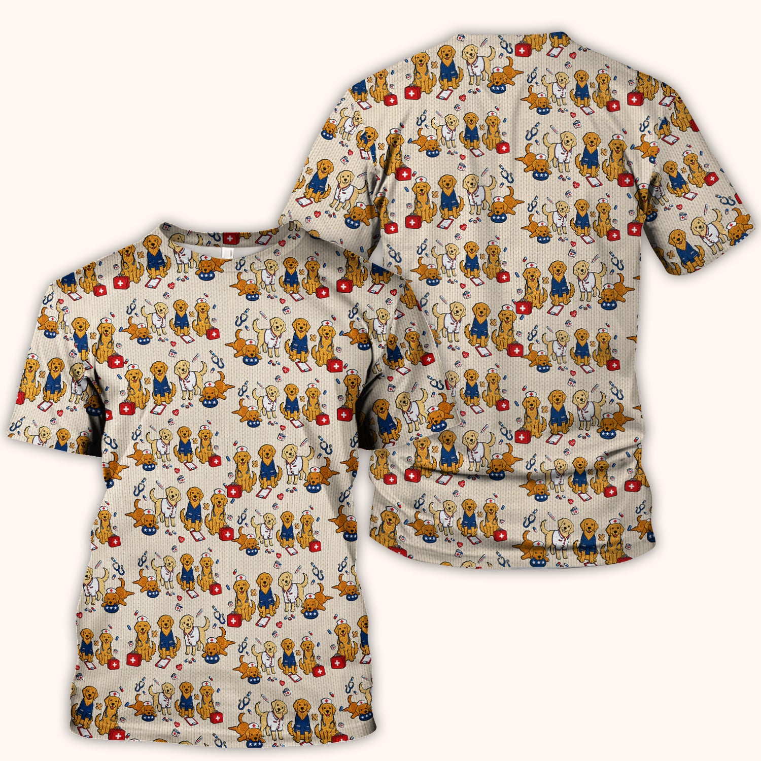 Golden Retriever Nurse Dog Pattern Scrub Top, Breathable Fabrics Nursing Uniform Scrub Top, Comfortable Scrubs for Nurses
