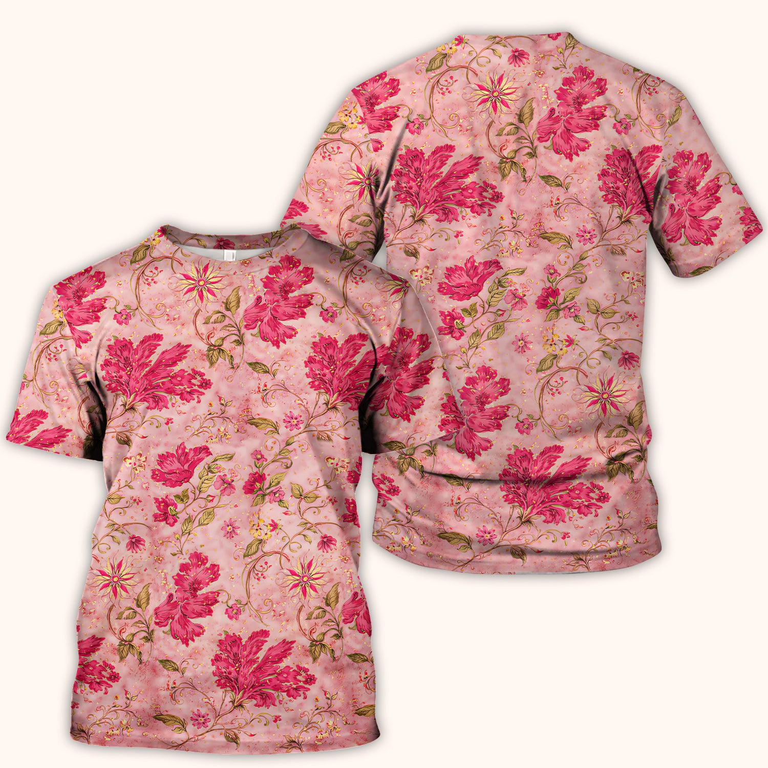 Elegant Pink Floral Vine Pattern Scrub Top, Breathable Fabrics Nursing Uniform
