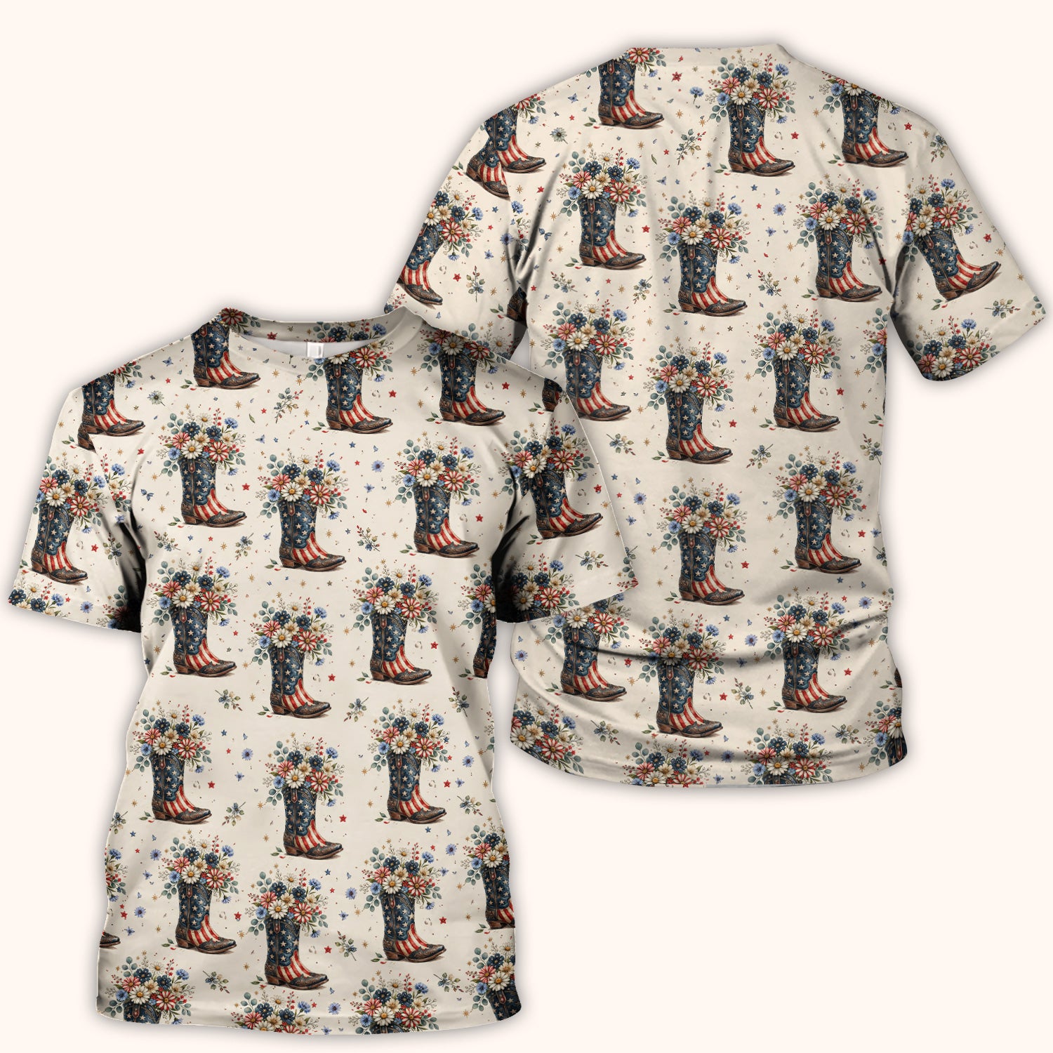 Festive Patriotic Cowboy Boots Flower Pattern Scrub Top, Comfortable Scrubs for Nurses