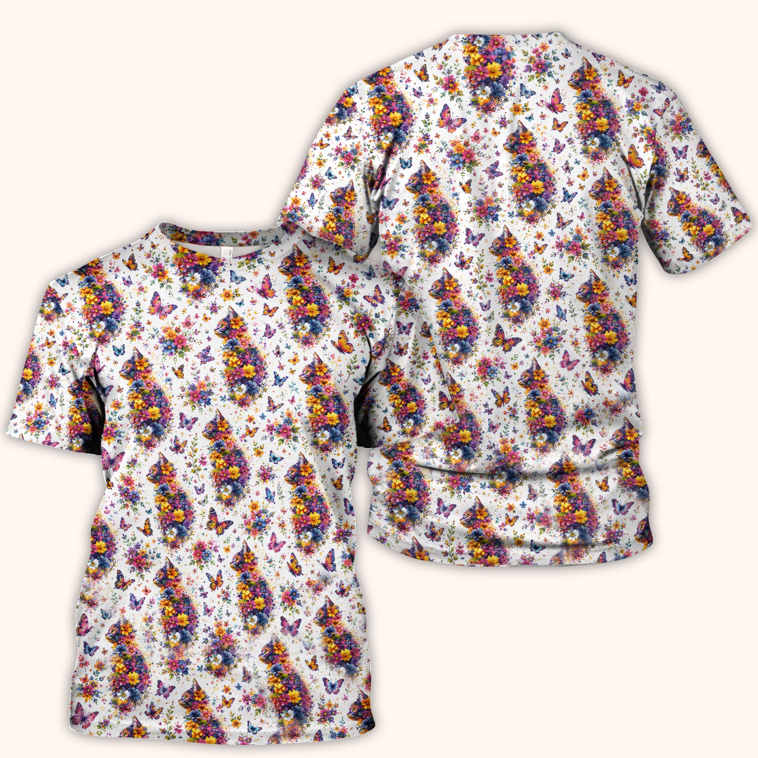 Cute Floral Cat With Butterfly Pattern Scrub Top, Comfortable Scrubs for Nurses