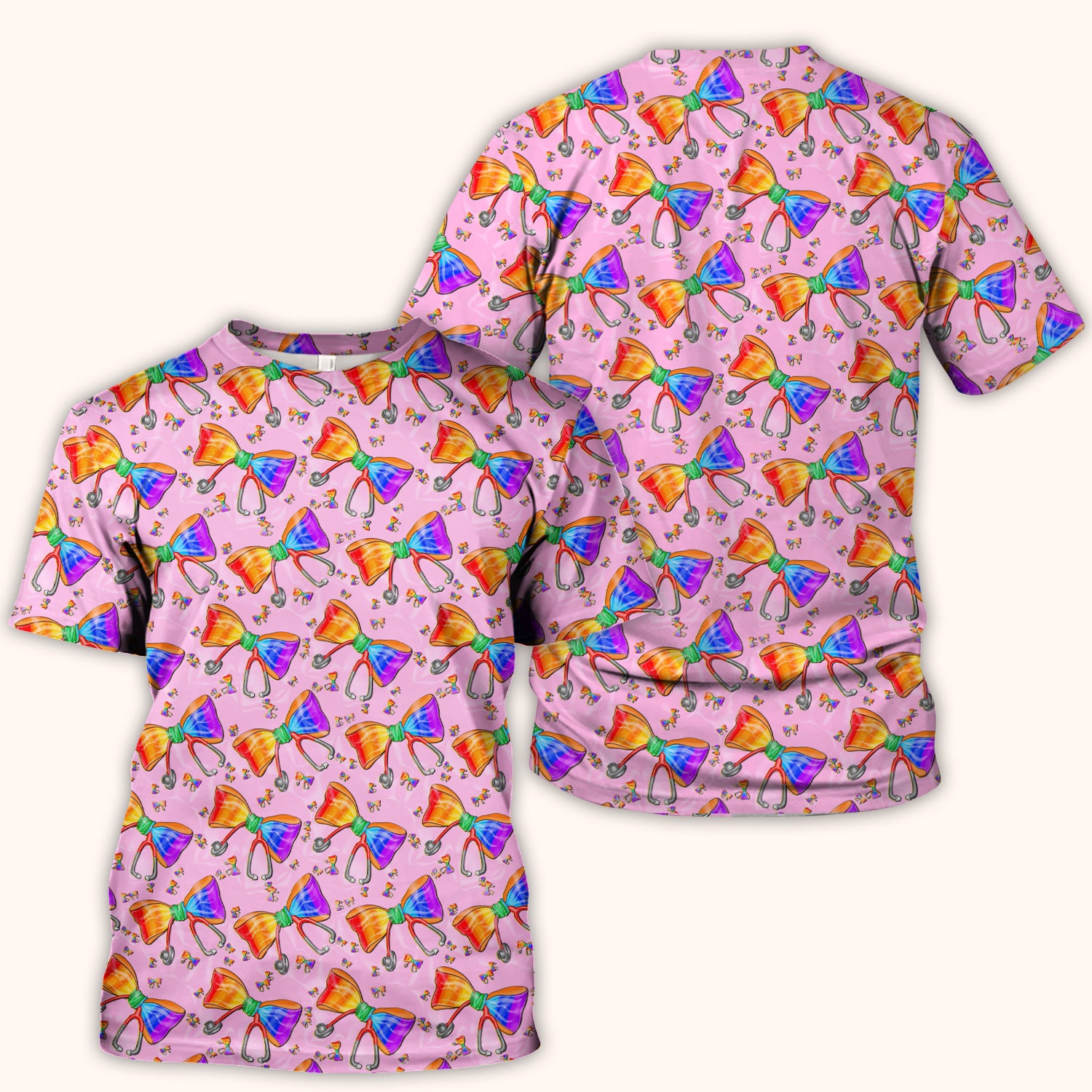 Colorful Rainbow Bow Stethoscope Pattern Scrub Top, Breathable Fabrics Nursing Uniform