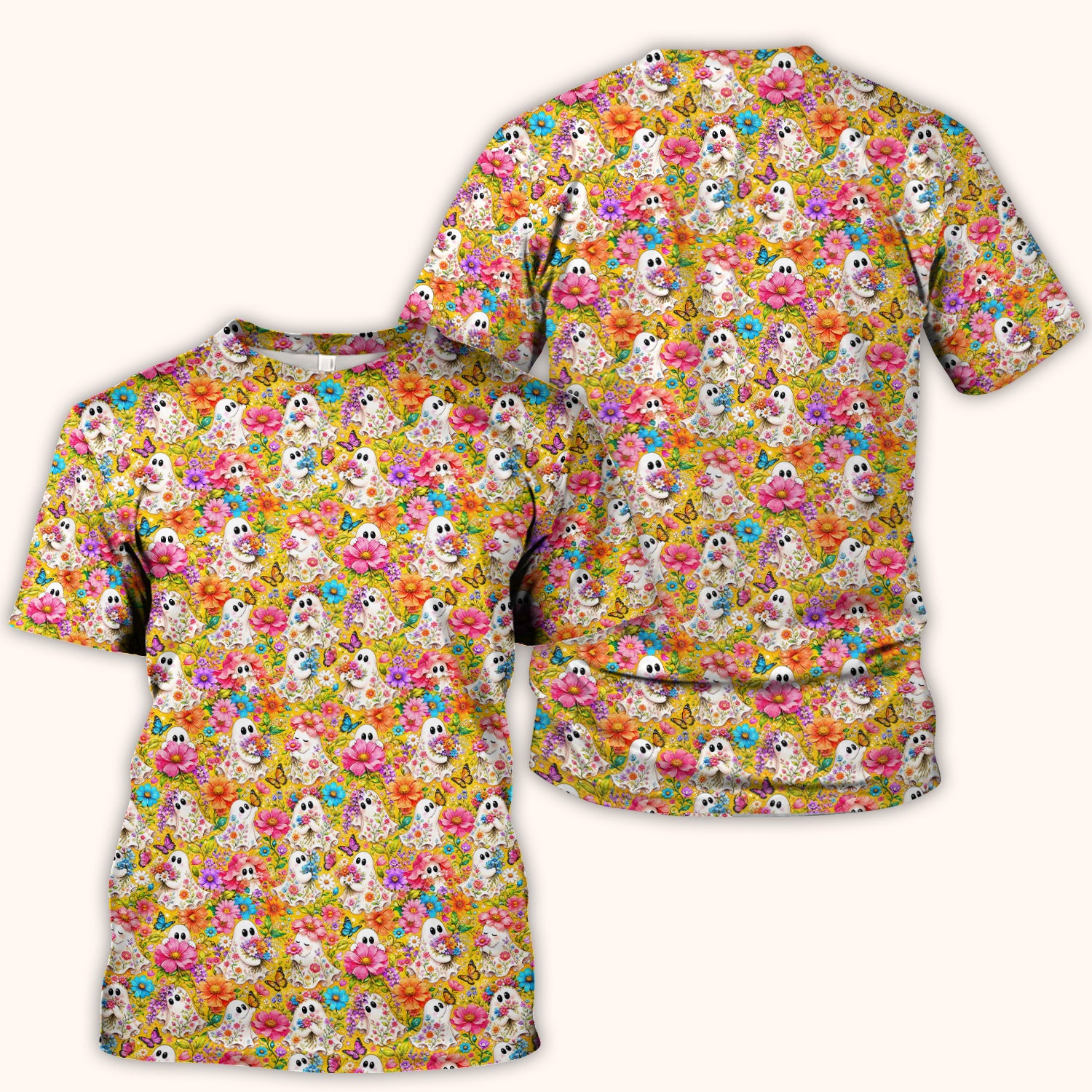 Cute Floral Ghosts And Butterflies Scrub Top, Comfortable Scrubs for Nurses