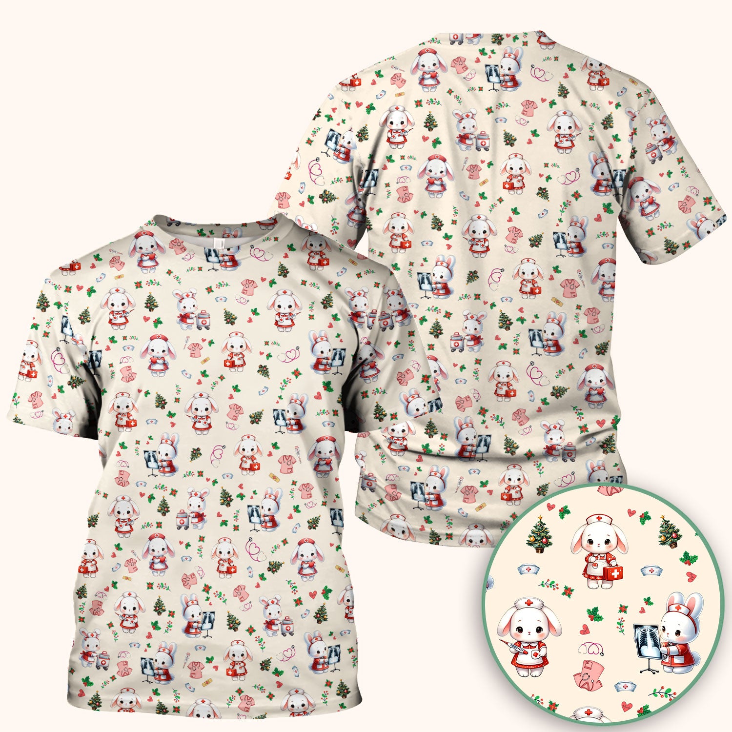 Cute Bunny Scrub Top for Nurse - Adorable Christmas Rabbit Shirt - Funny Holiday Medical Shirt Gift for Women RN LPN CNA