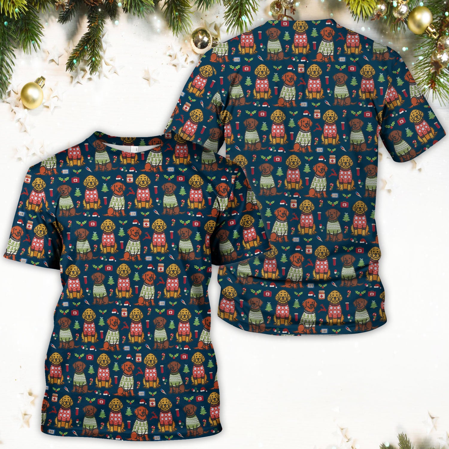 Golden Retriever Christmas Scrub Top, Cute Holiday Dog Nurse Pattern Shirt, Breathable Fabrics Nursing Uniform