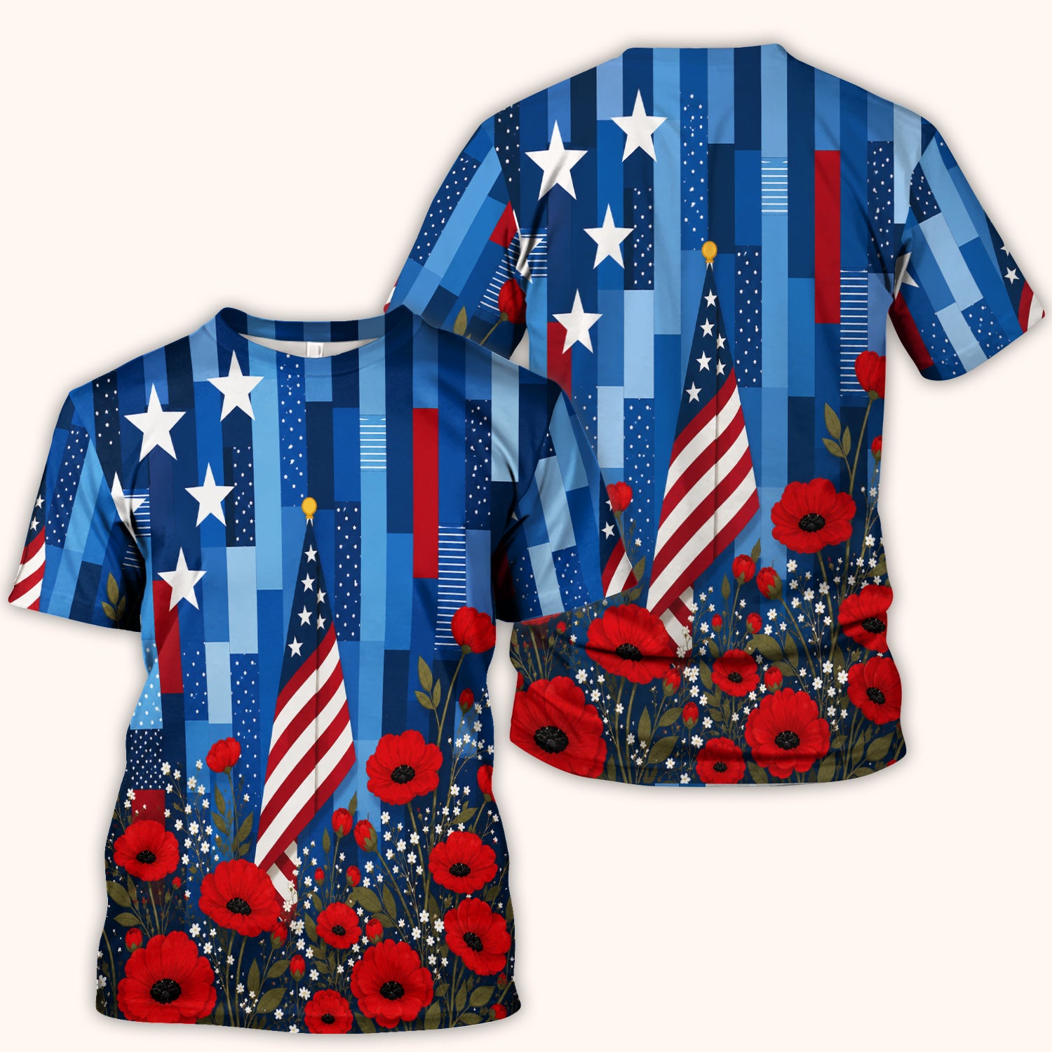 Patriotic Nurse Flag Poppy Pattern Scrub Top, Breathable Fabrics Nursing Uniform