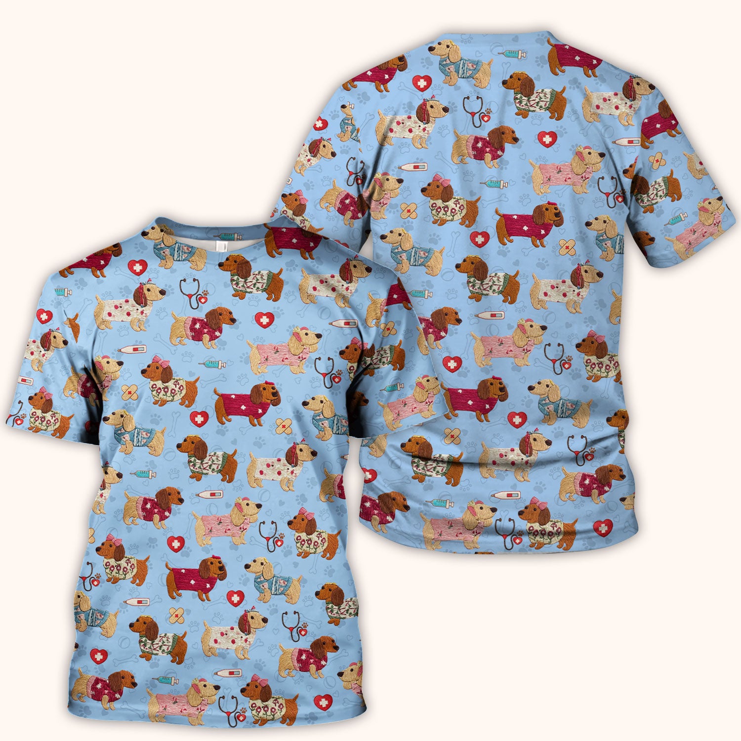 Cute Medical Wiener Dog Pattern Nurse Shirt, Dachshund Nursing Scrub Top, Breathable Fabrics Nursing Uniform