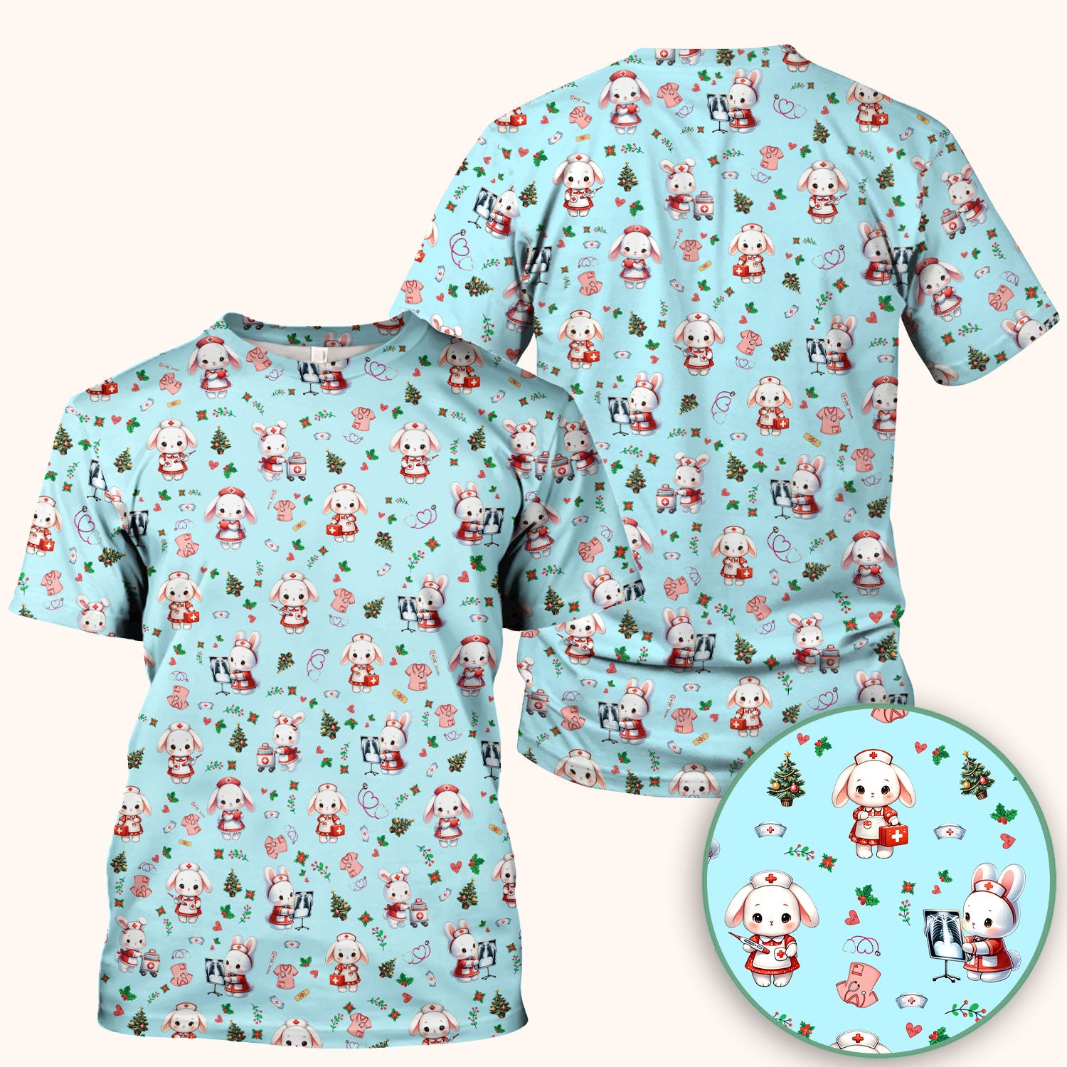 Cute Bunny Scrub Top for Nurse - Adorable Christmas Rabbit Shirt - Funny Holiday Medical Shirt Gift for Women RN LPN CNA
