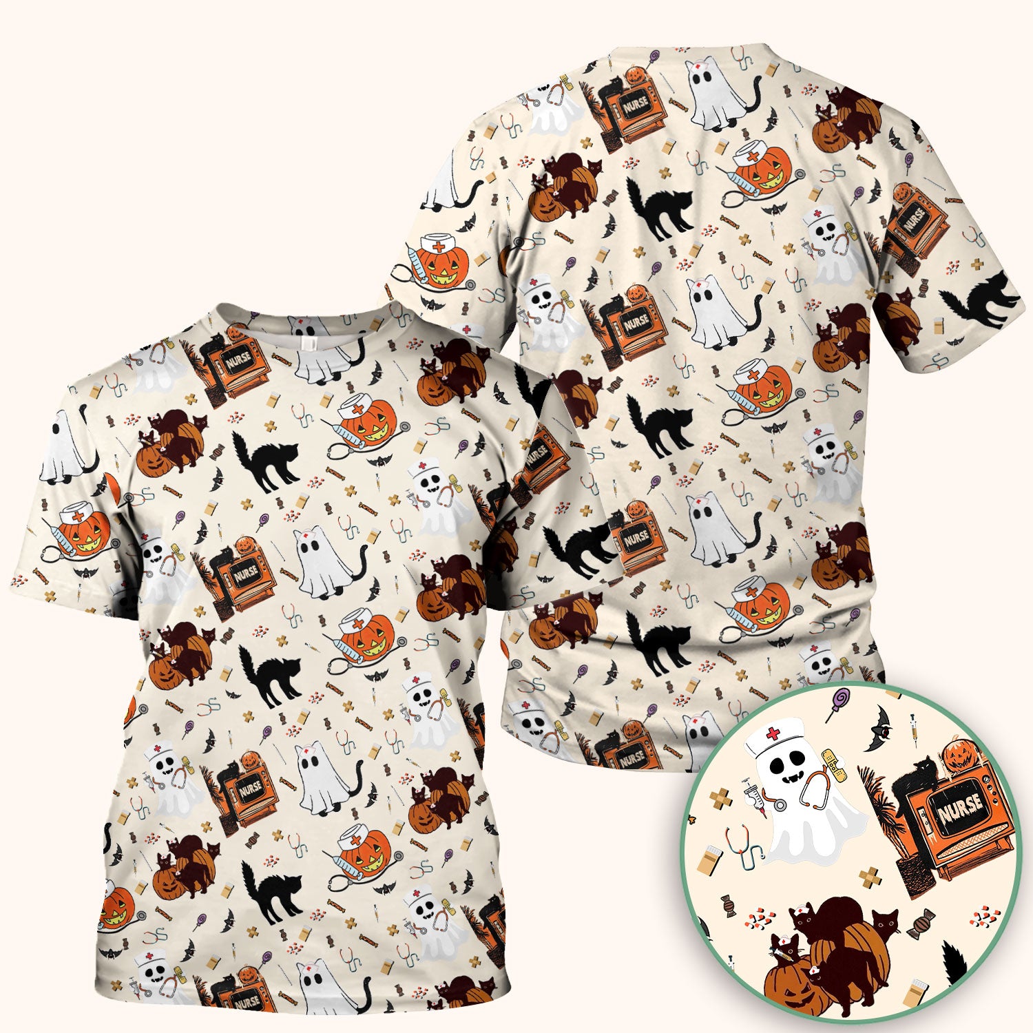 Halloween Scrub Top for Nurse - Cute Pumpkin Ghost Cat Medical Shirt - Spooky Scrubs for Women RN CNA LPN