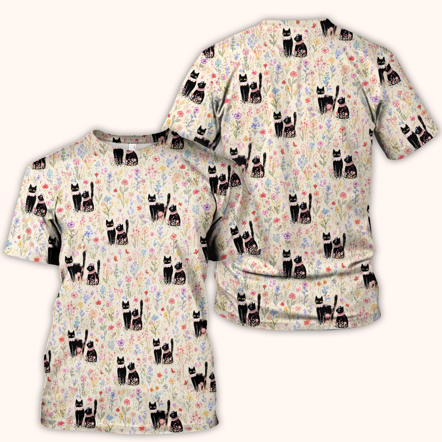 Cute Black Cats Wildflower Garden Pattern Scrub Top, Comfortable Scrubs for Nurses