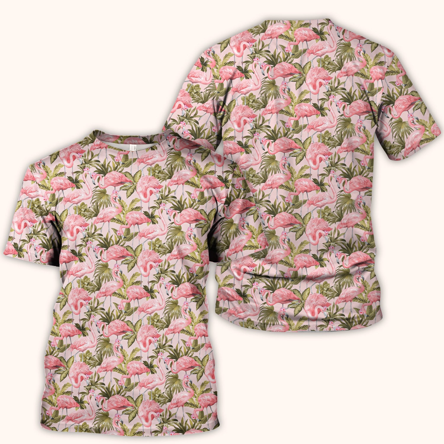 Pink Flamingo Jungle Leaves Pattern Scrub Top, Breathable Fabrics Nursing Uniform
