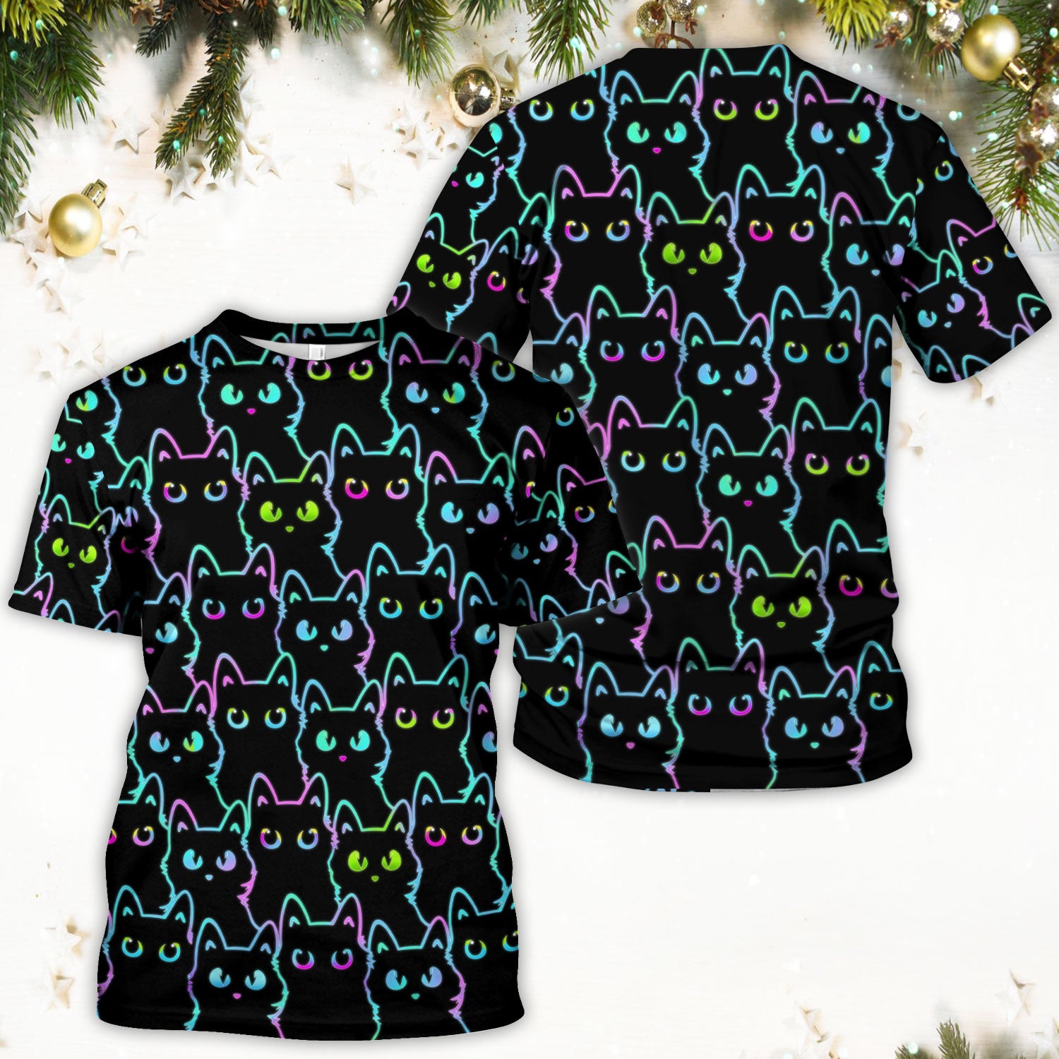 Neon Cat Pattern Scrub Top, Black Cat Scrub Shirt, Breathable Fabrics Nursing Uniform