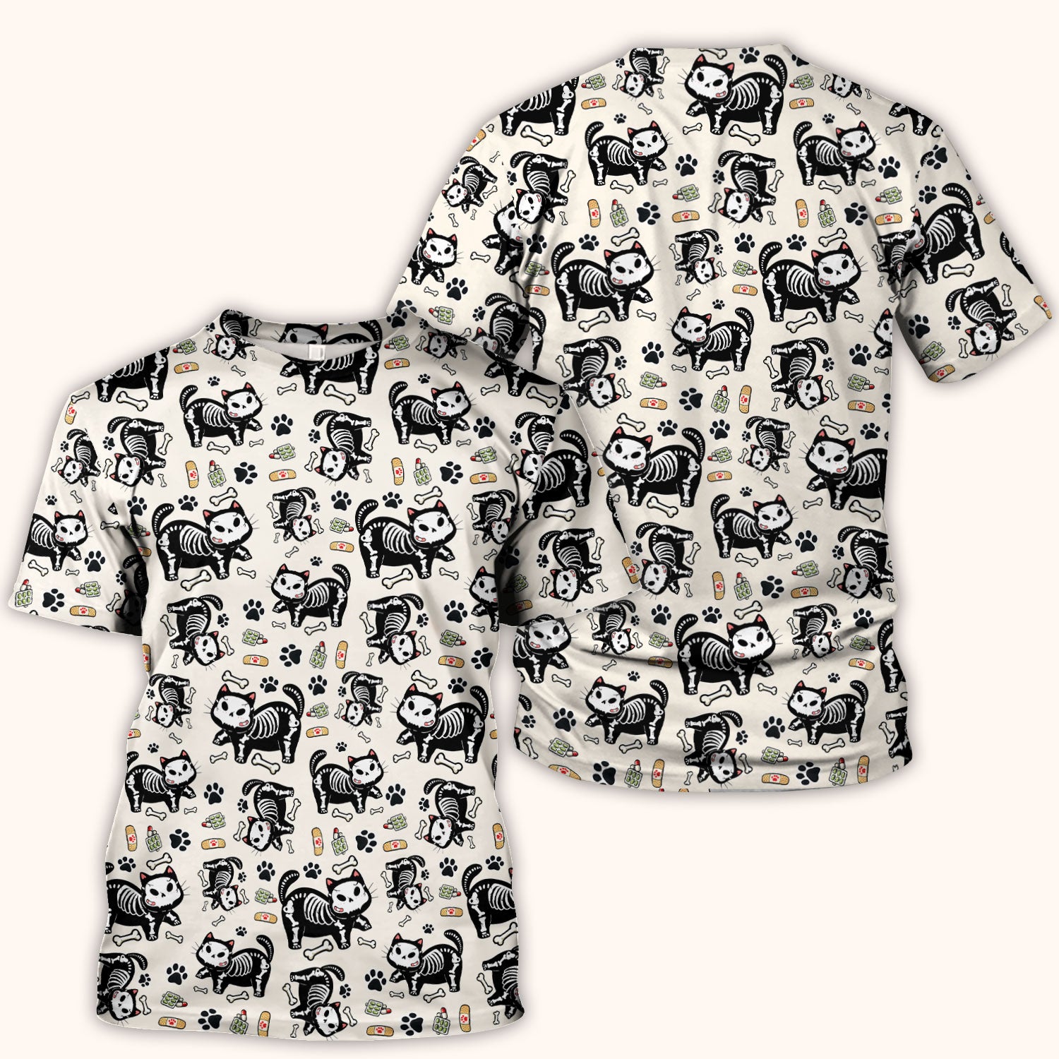 Skeleton Cat Medical Pattern Scrub Top, Comfortable Scrubs for Nurses