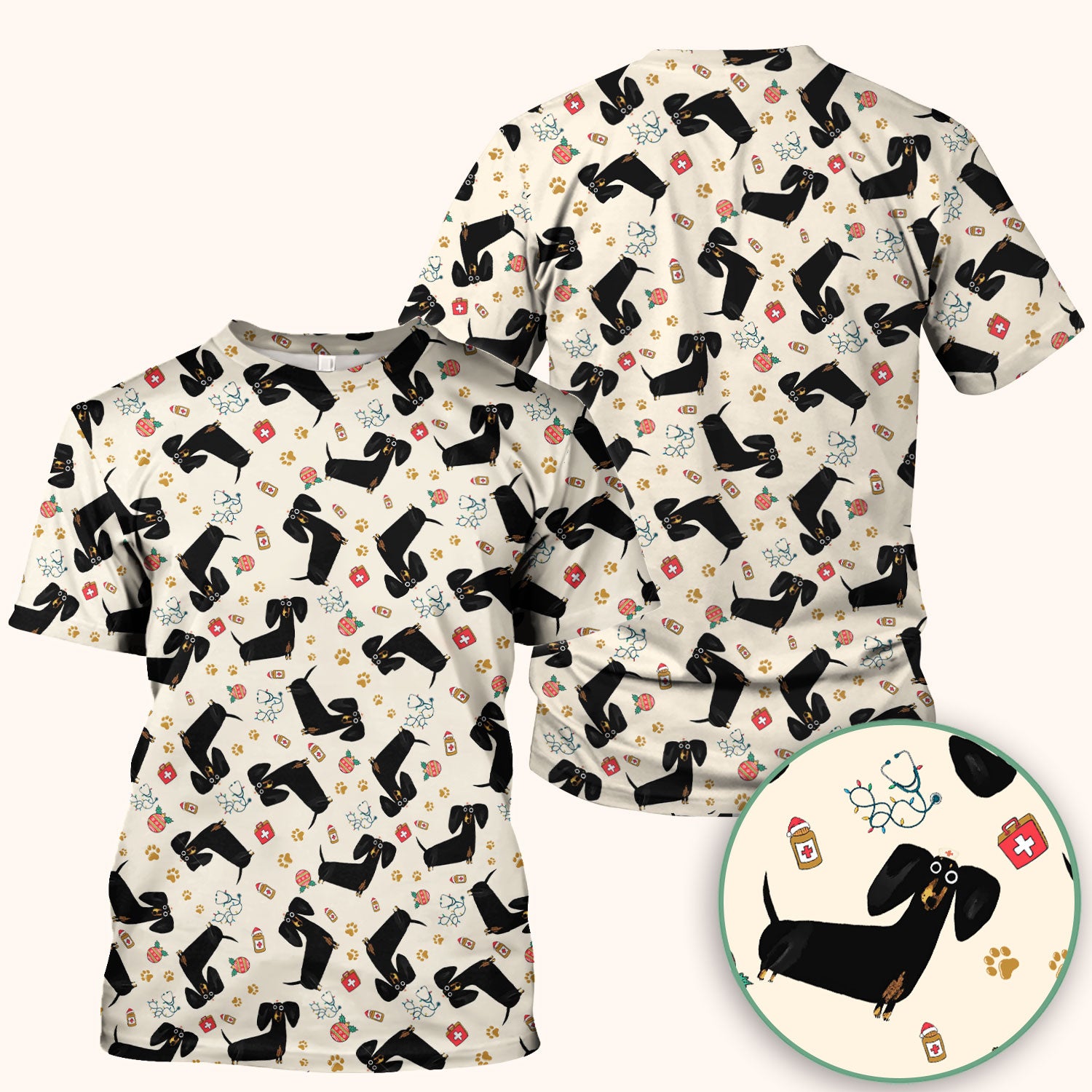 Funny Black Dachshund Scrub Top for Nurses - Cute Wiener Dog Medical Shirt - Puppy Lover Nursing Gift for Women