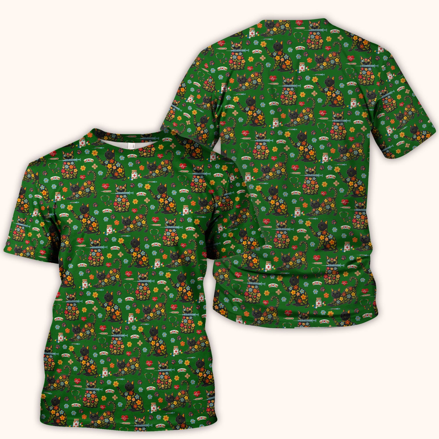 Floral Black Cat Pattern Scrub Top, Cute Cat Nurse Scrub Shirt, Medical Nursing Uniform