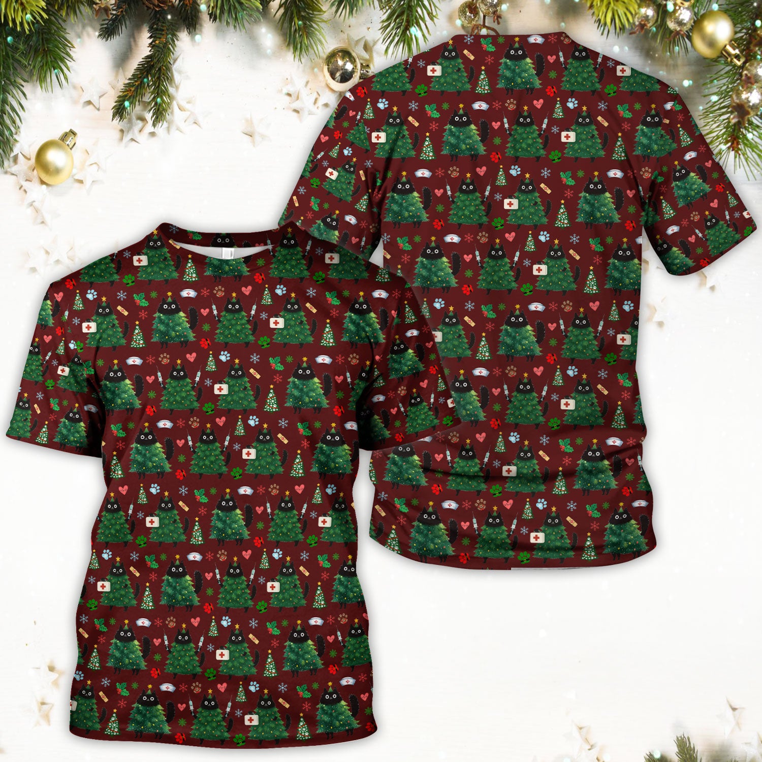 Christmas Nurse Scrub Top, Xmas Black Cat Pattern Nurse Shirt,  Breathable Fabrics Nursing Uniform